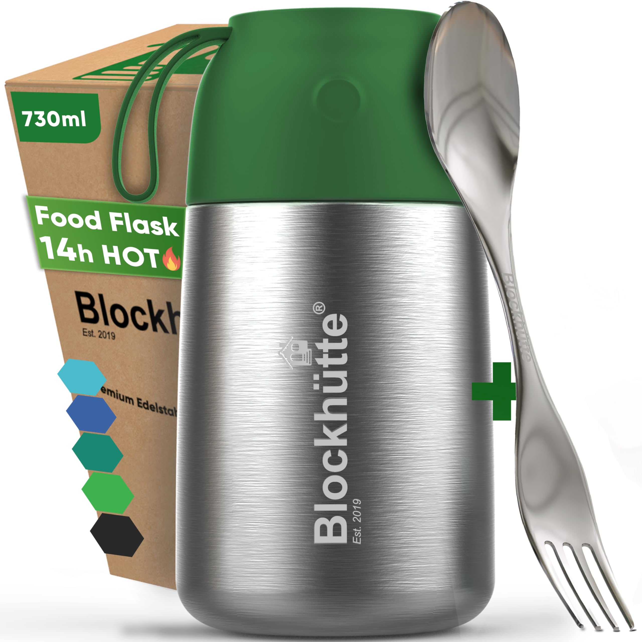 Blockhütte Soup Flask for Adults 730ml Stainless Steel | Thermal Food Flask with Spork | BPA Free Thermal Lunch Box for 14h Hot Meals Dishwasher Safe | for Porridge and Meal Prep – Dark Green
