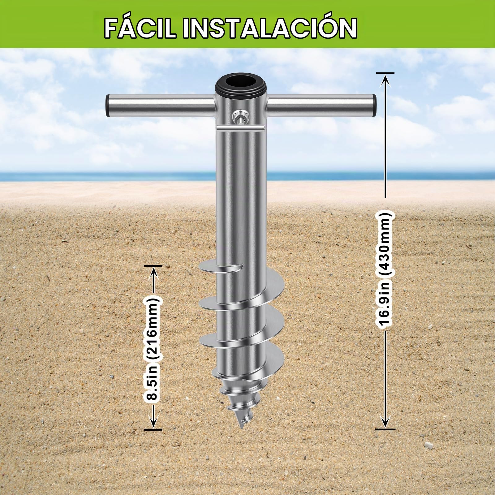 Dolibest - Anclaje de acero resistente para sombrilla de playa, soporte con 3 casquillos para mástiles de 2,5 a 5 cm, estaca cortaviento con base en espiral totalmente soldada para máxima estabilidad