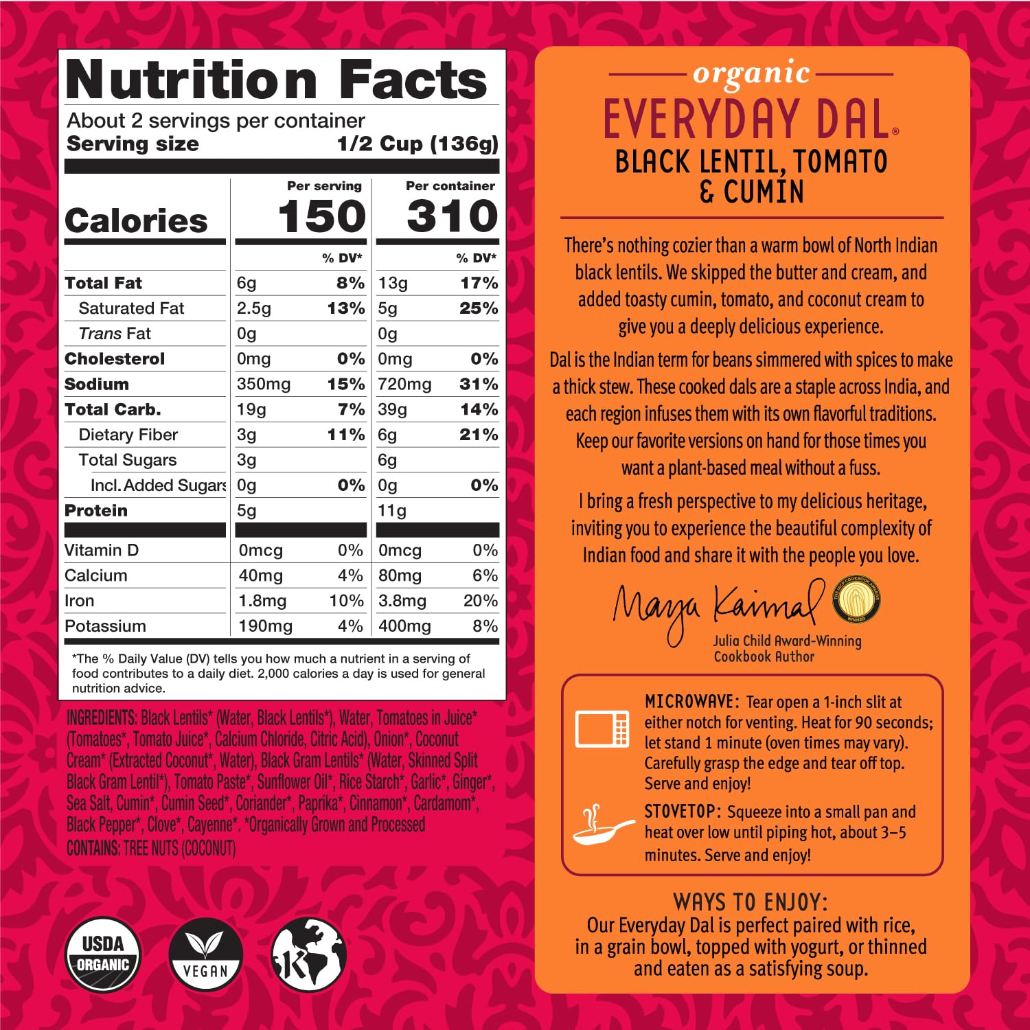 Maya Kaimal Foods - Organic Indian Everyday Dal - Black Lentil 10oz - Fully Cooked with Tomato and Cumin - Vegan - Microwavable - Ready to Eat Meals - Pack of 1