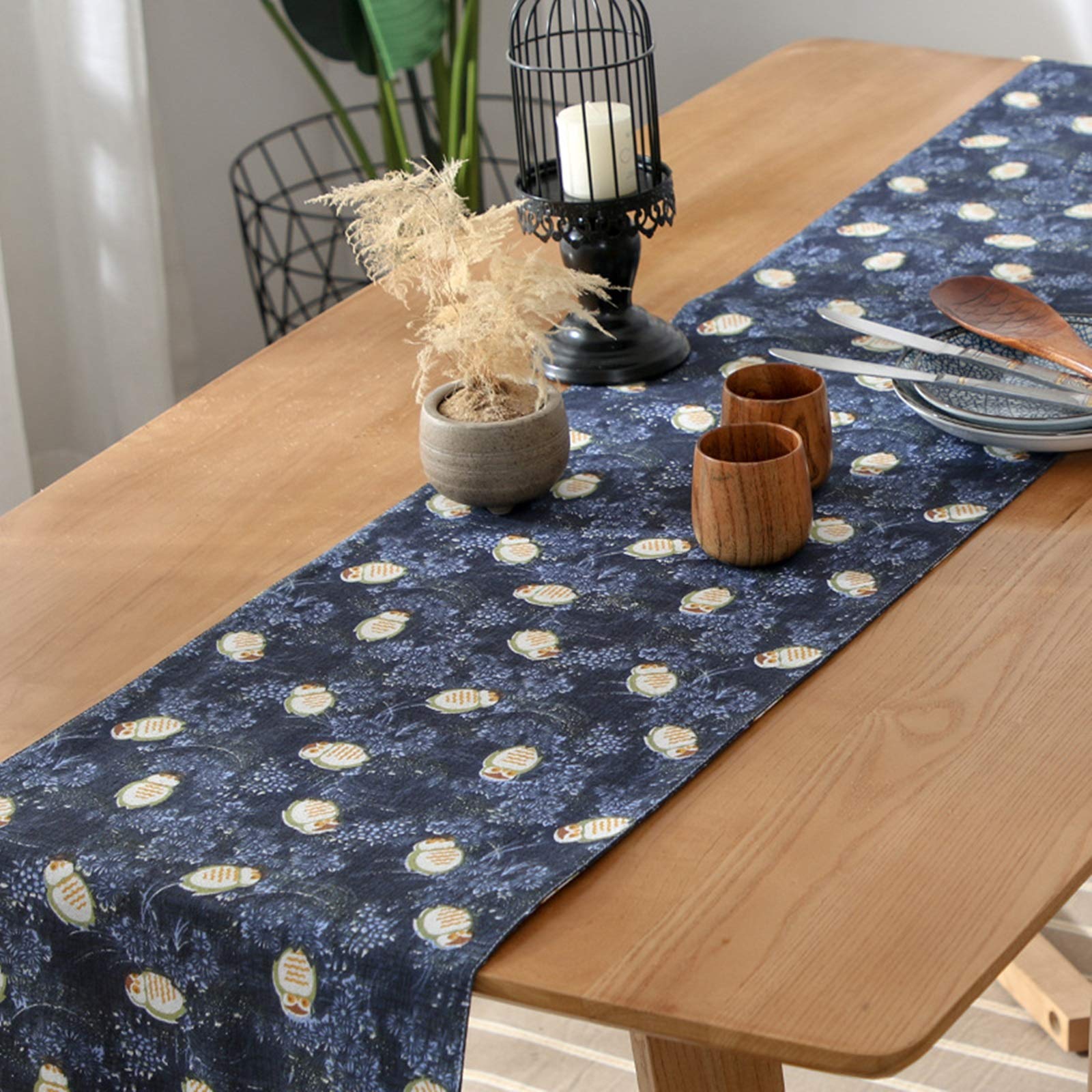 Eleganter Tischläufer Modern, Baumwolle Tischläufer Abwaschbar Wohnzimmer Tischläufer Weihnachten Vintage Blumen Eulen Marineblau 33x200CM