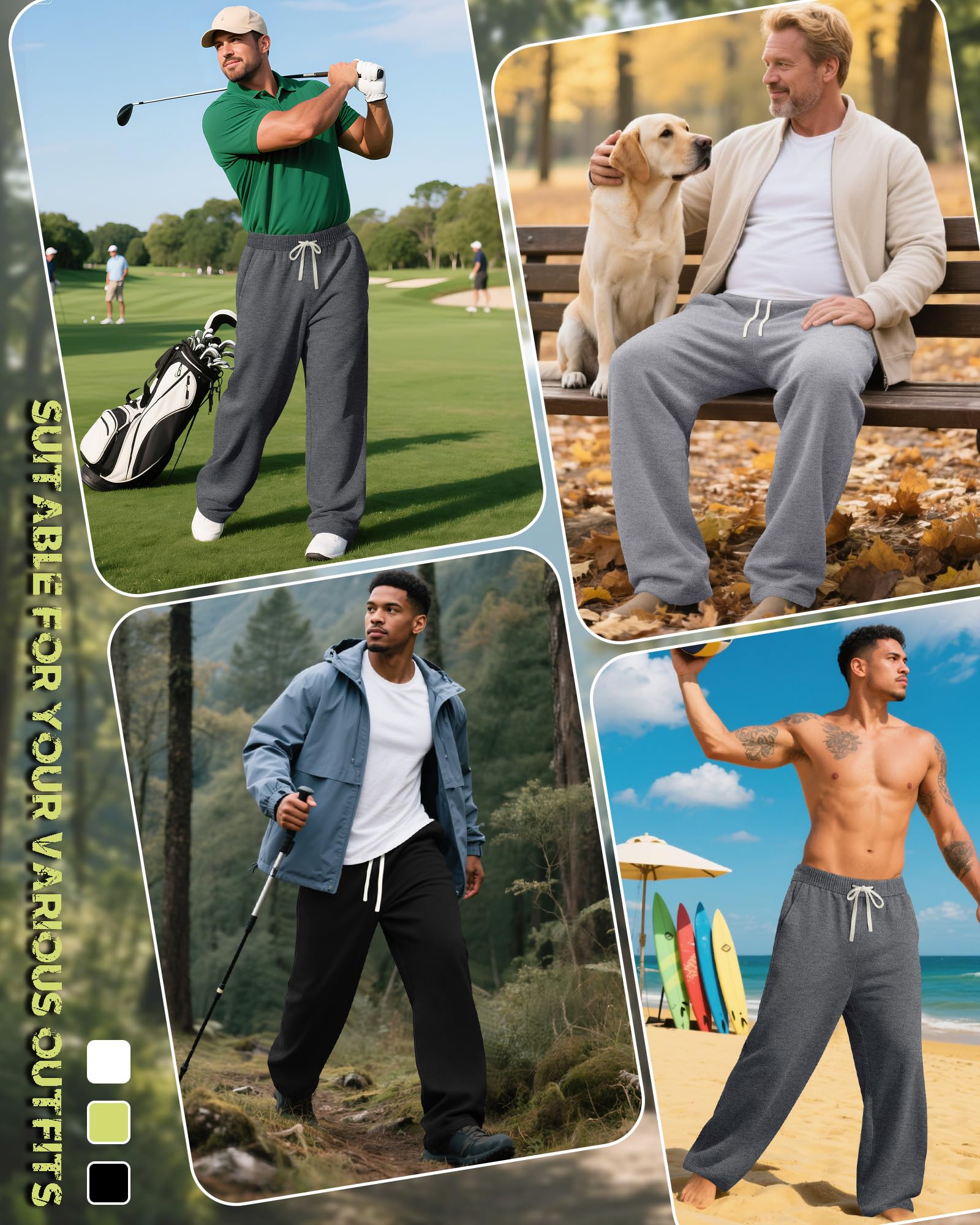 Confezione da 3 Pantaloni della Tuta da Uomo Grandi e Alti, Pantaloni Sportivi con Coulisse e Tasche, Aperti sul Fondo