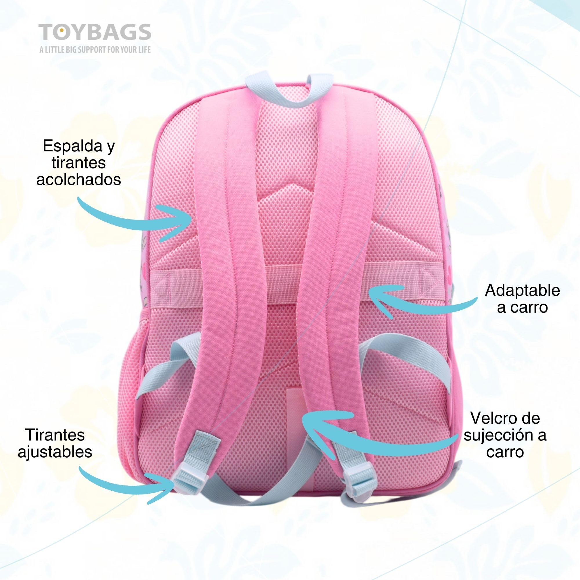 Mochila Escolar Angel & Stitch - Doble Compartimento - CON ACCESORIO CORAZON + CARRO NEGRO TOYBAGS CON PROTECCION LATERAL Y STOPER FRONTAL 4 ruedas giratorias - 44.5 X 32 X 21 CM