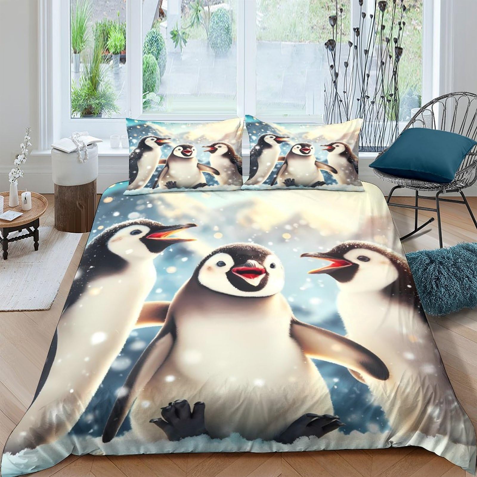 Ctjqhvkz Style-4 3D Printed Cute Penguin Fitted Sheet Microfiber Soft Breathable Winter Snow Mattress Cover For Bedroom Dorm Decor Single（135X200cm）