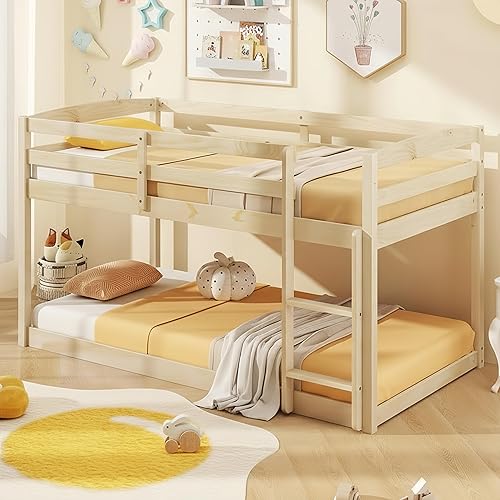 Miniatura 13 de KOMFOTT Litera de Madera Gemela sobre Gemela, Litera con Escalera y Barandilla de Seguridad, Marco de Cama de Madera Sólida, Ideal para Dormitorio y