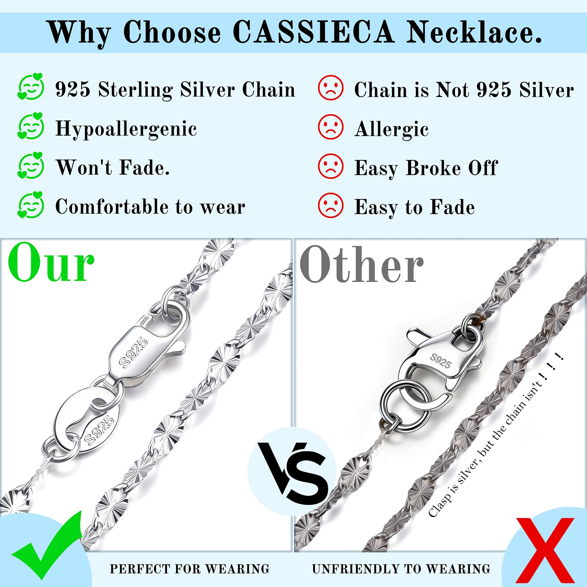 CASSIECA 925 Sterlingsilber Kette Damen, 0.9mm Schlangenkette / 2mm Lippenkette Auswahl, 41-56cm Silberkette ohne Anhänger, Glänzend & Reißfest, Edler Halsschmuck