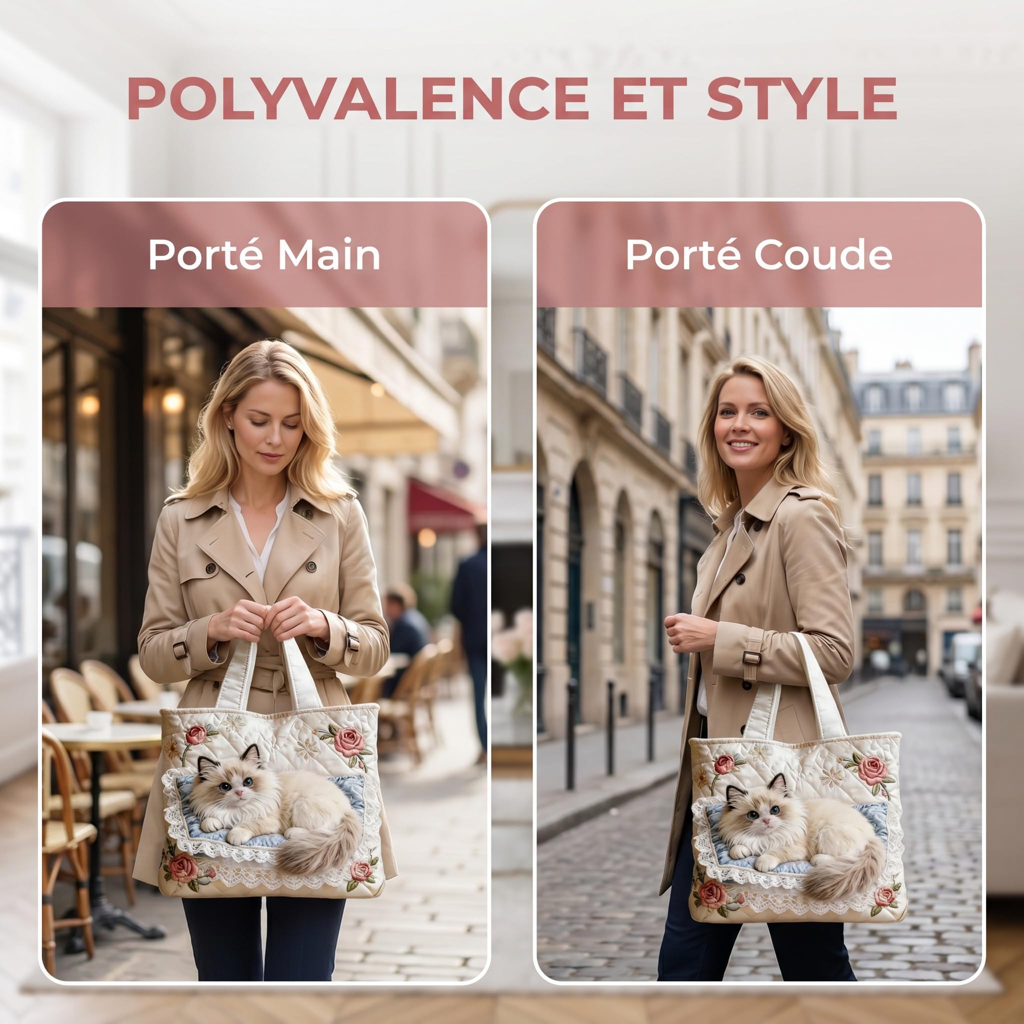 Sac fourre-tout matelassé léger pliable motif chat mignons, fait main artisanal spacieux réutilisable. Idéal sorties, randonnées, quotidien et cadeau pour amis