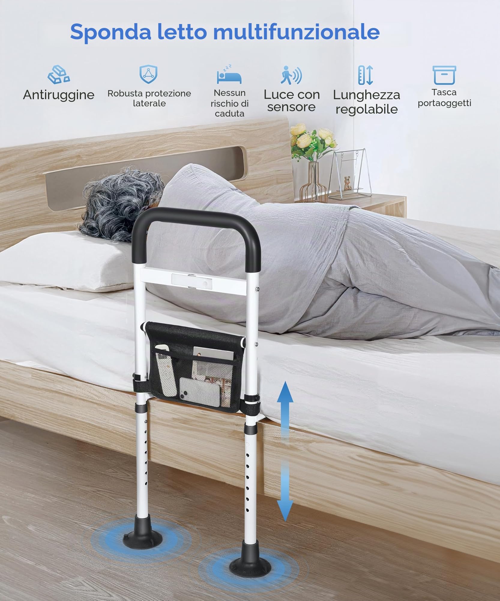 Sponde Letto Anziani Anticaduta con Piedi,Barra di supporto regolabile per letto,con sensore, supporto per alzarsi con custodia, per alzarsi in altezza