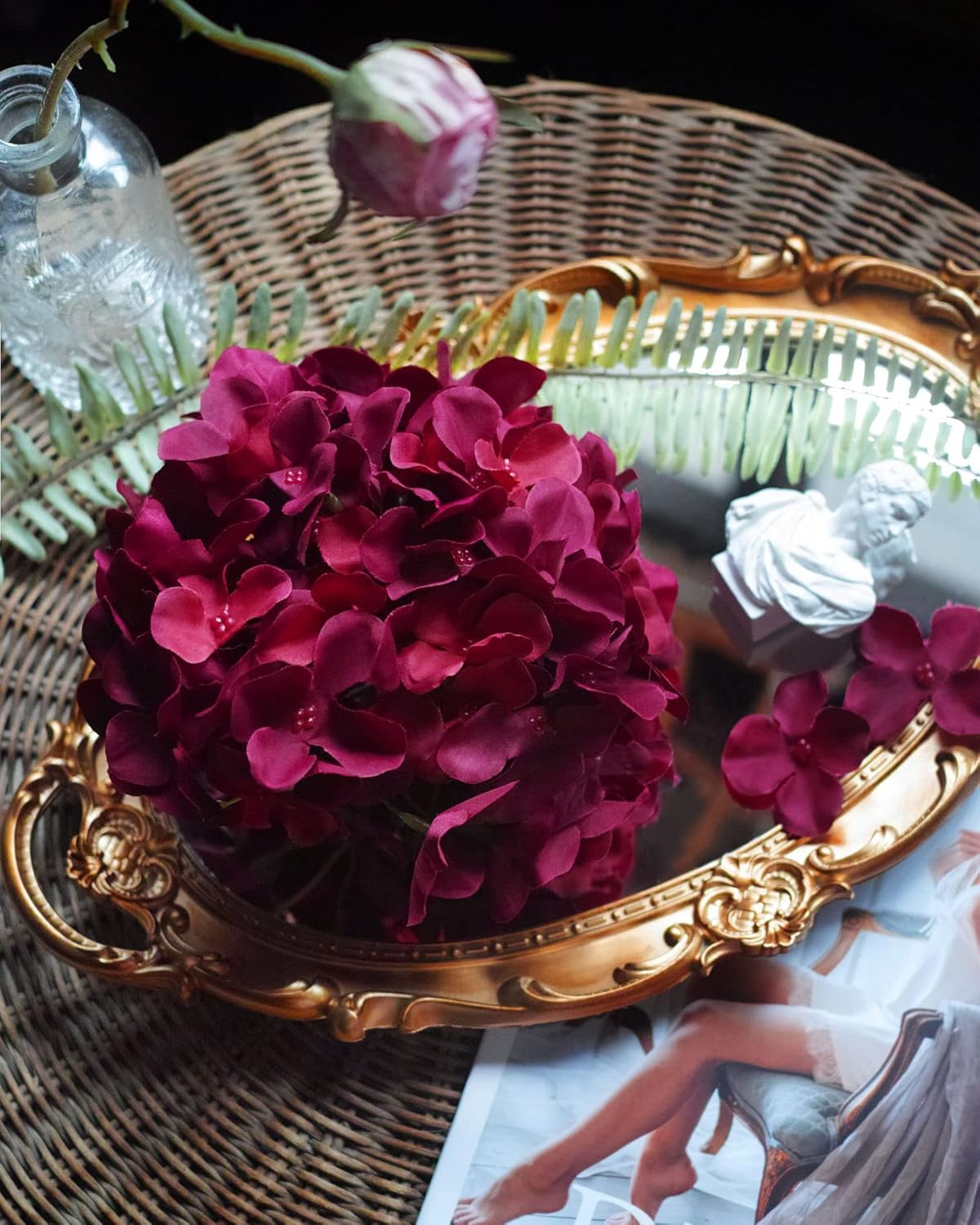 DuHouse 8.7" Silk Hydrangea Artificial Flower Heads with Stems Fake Hydrangeas Flowers for DIY Wedding Centerpiece Home Decor,Pack of 6 (Burgundy) - Image 4