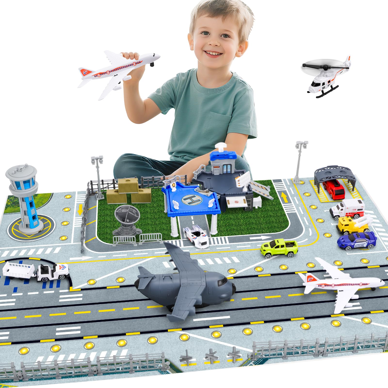 deAO City Aeroporto Giocattoli, Edificio del Terminal Aeroportuale, Torre Radar, 11 Mezzi di Trasporto: Carrelli Portabagagli, Veicoli della Polizia, Aereo di Linea, Posto di Blocco Stradale, 3 Anni+