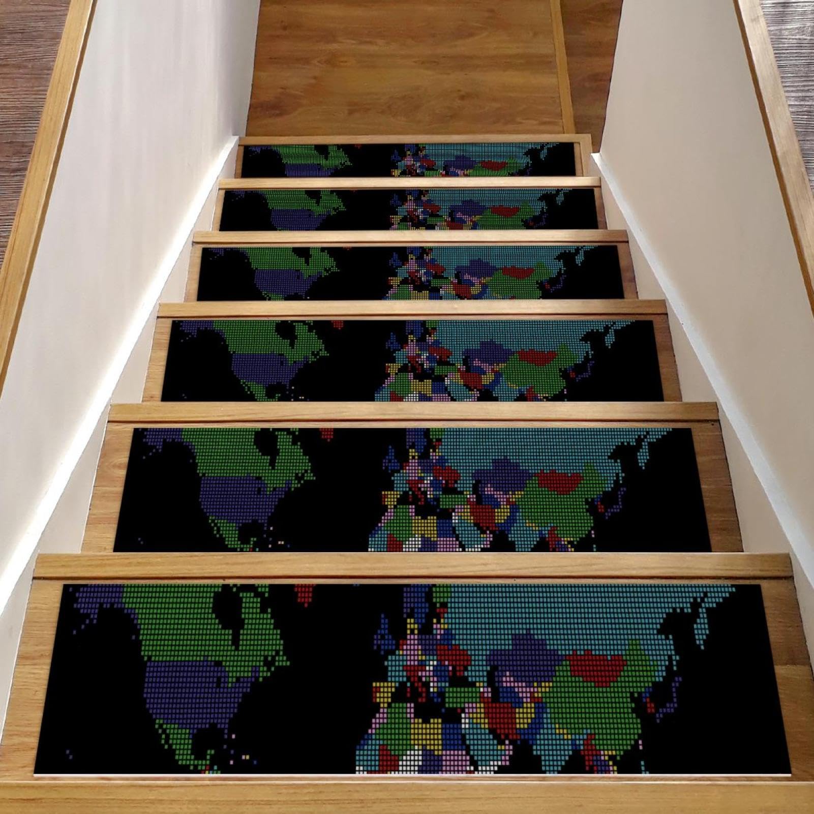 Tapis d'escalier antidérapants lavables pour marches en bois avec motif carte du monde