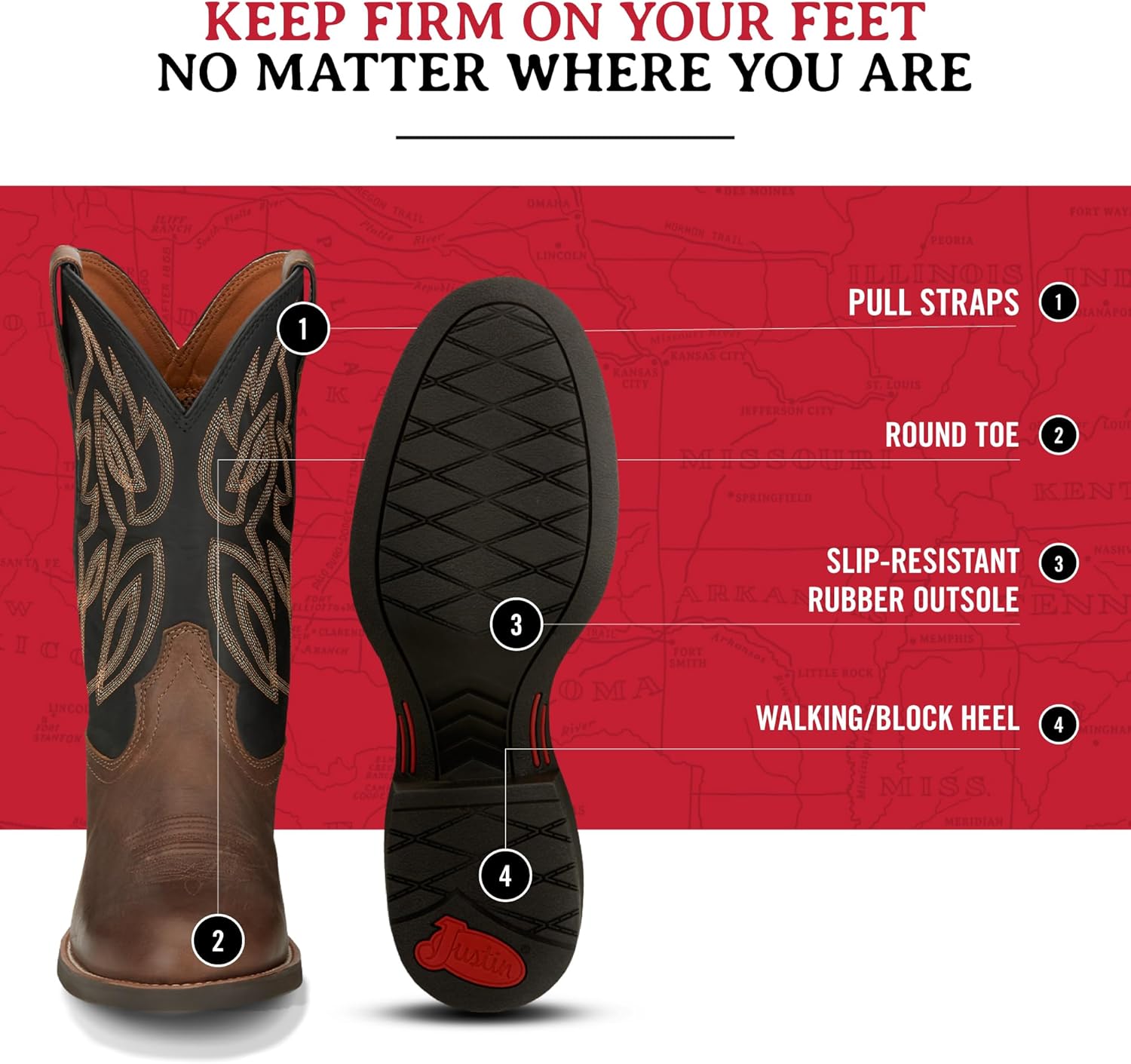 Justin Rendon 11" Western Boot - Men's Round Toe, Cowhide, Removable Orthotic Insole, Slip-Resistant Rubber Outsole - Image 5