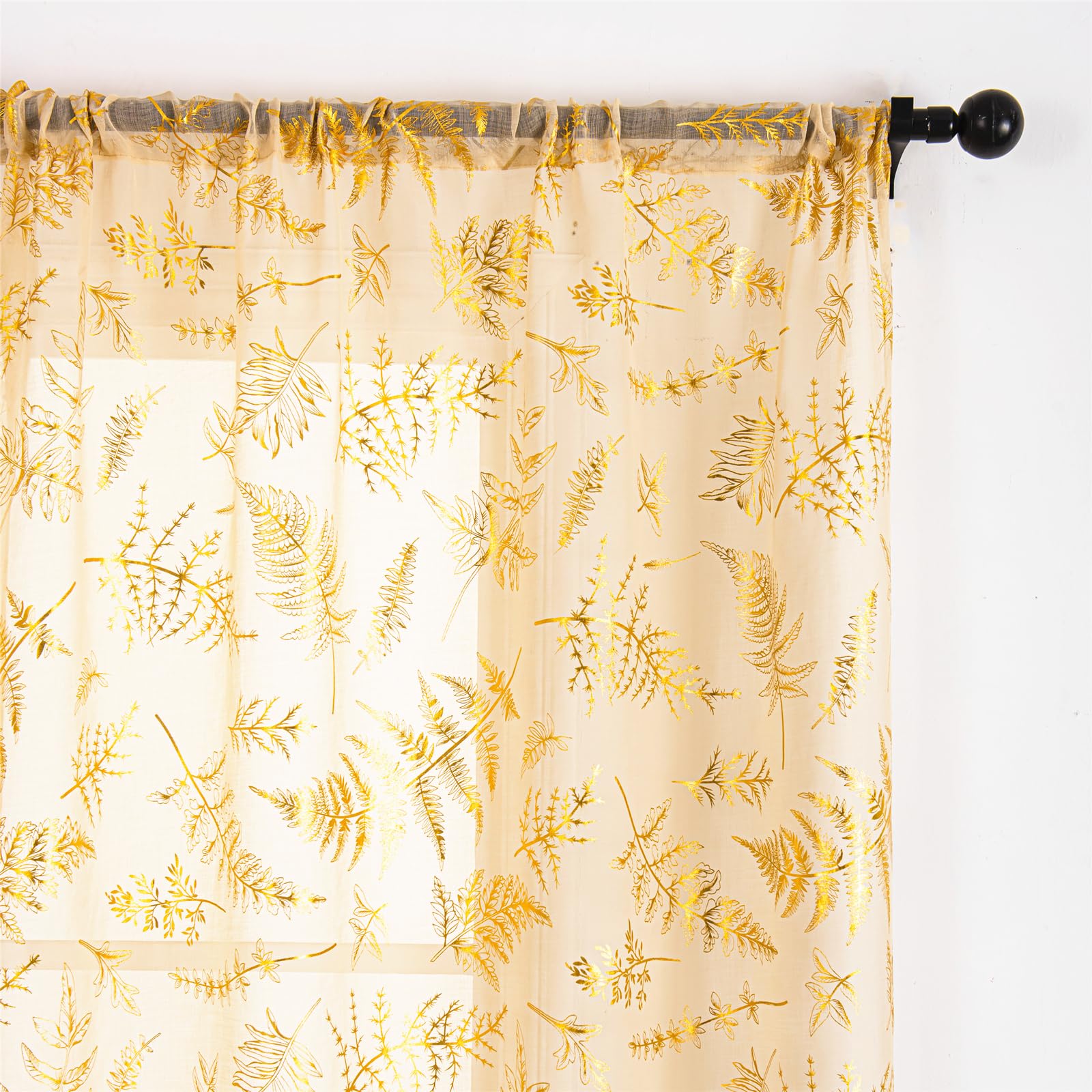 Deeprove Sheer Curtains 96 Inches Long 2 Panels Set, Gold Foil Metallic Botanic Leaves Print Window Treatments for Bedroom Living Room, Golden Privacy Drapes Pair, 52" W x 96" L, Beige