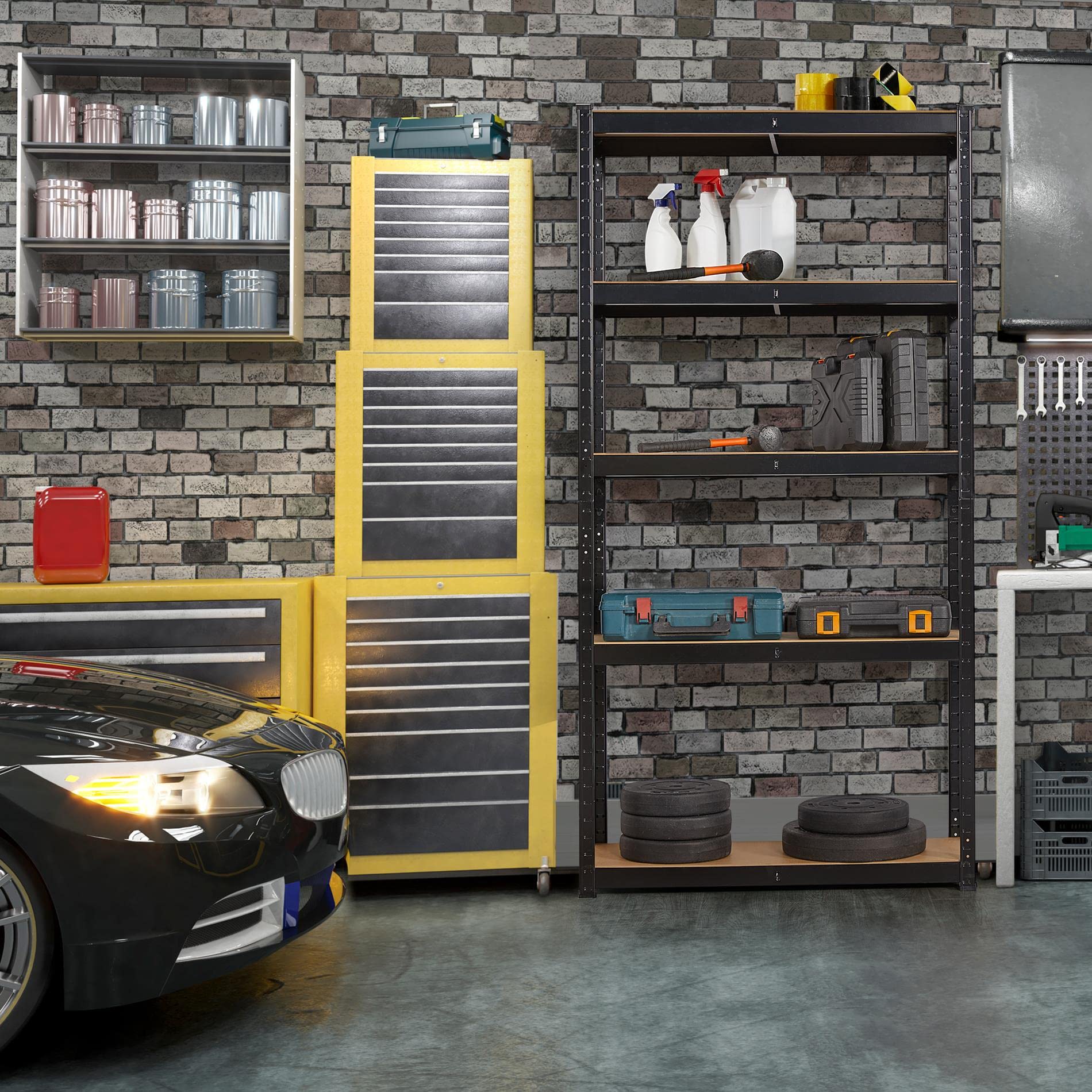 Yaheetech Scaffale da Garage 180 x 90 x 30 cm a 5 Ripiani Scaffalatura in Metallo e MDF Capacità di Carico 175kg senza Viti per Magazzino Lavanderia Negozio Nero