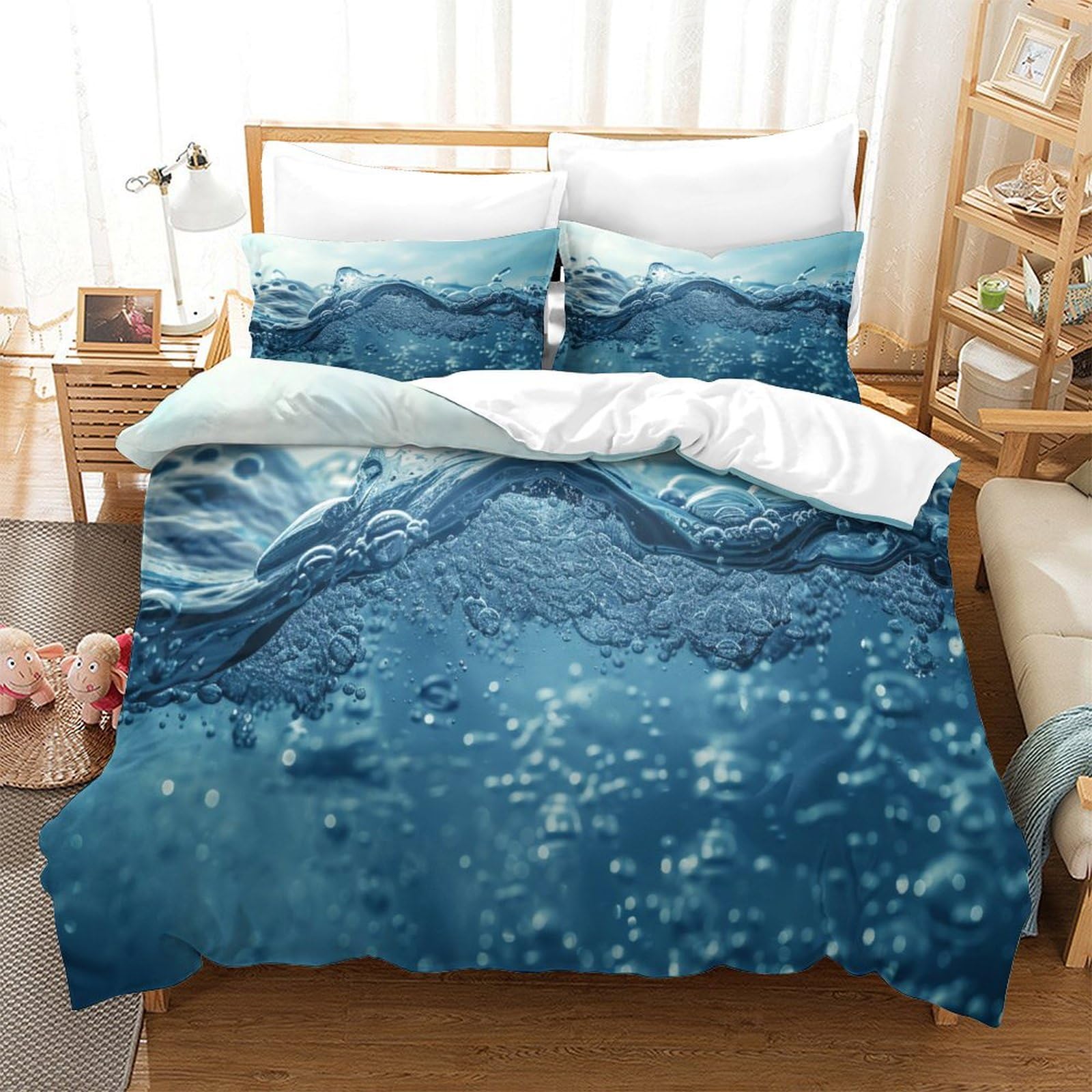 P1s9u7w5y Water Ripple-3 Oceanic 3D Printed Waves Duvet Cover Set 3Pcs Microfiber Blue Sea Bedding Set Double（200X200cm）