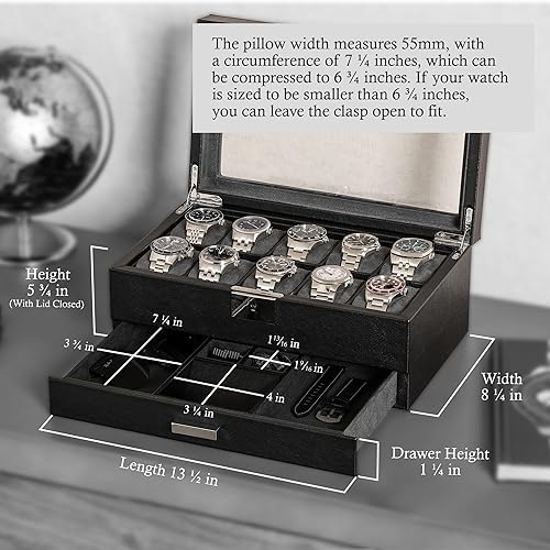 Vista 17 de ROTHWELL Caja de reloj de cuero de 10 ranuras con cajón de valet, organizador de exhibición de lujo con forro de microgamuza ultrasuave, soporte