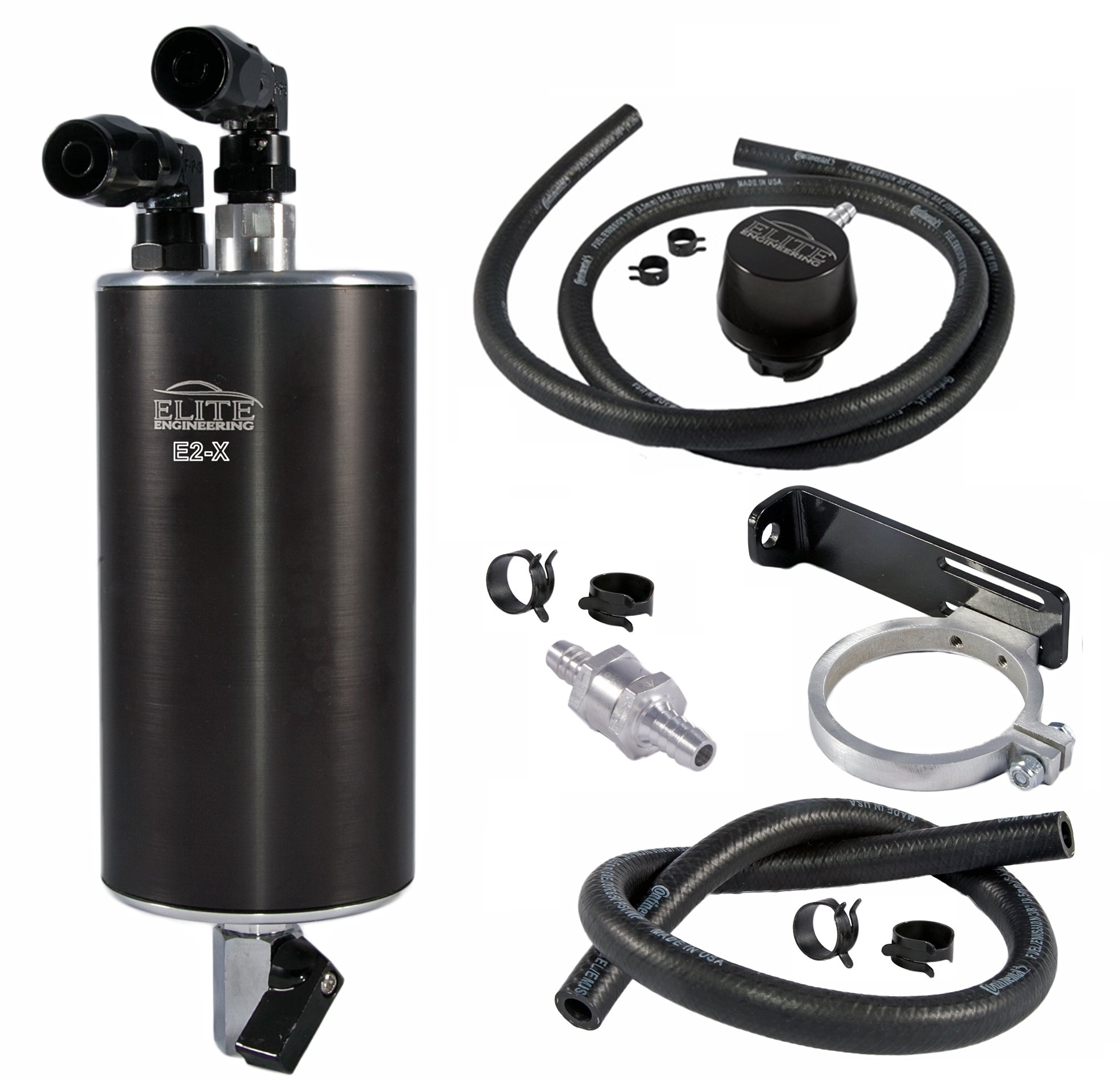 Elite Engineering E2-X PCV Oil Catch Can and Hardware with Check Valve, Clamps, and Clean Side Separator for Single Valve Camaro V8 - KIT