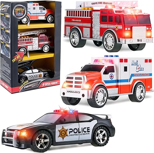 Miniatura 7 de Juego de vehículos de emergencia de juguete para niños con luces y sonidos camión de bomberos automóvil de policía y ambulancia 3 en 1