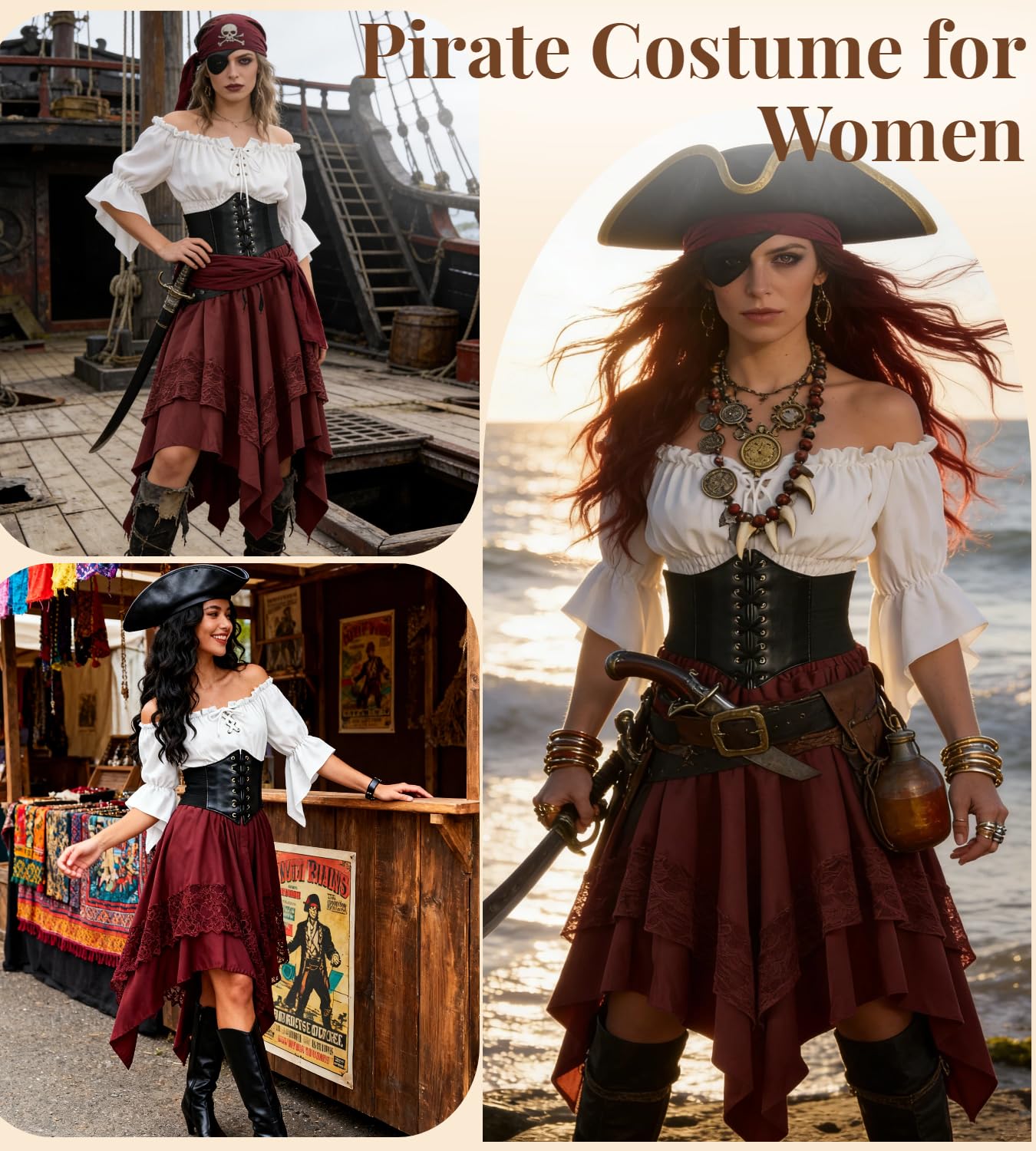Costume da Pirata Donna Medievale Gotico Completo Veste Medievale con Camicia Bianca e Cintura, Abito da Festival per Carnevale Halloween Feste a Tema