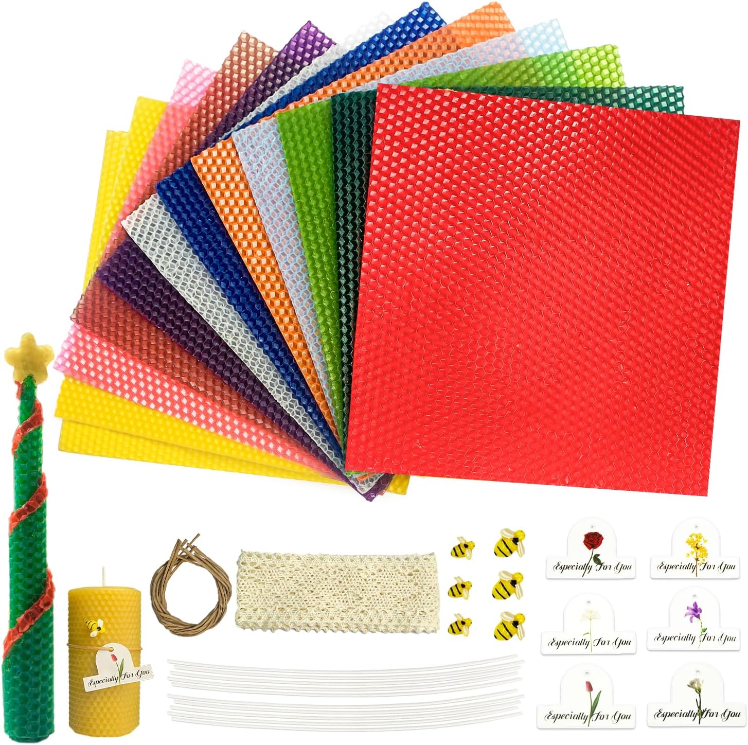 kissingfish Beeswax Candle Making Kit, Colored Beeswax Candle Sheets 12 Pcs, Full DIY Candle Making Kit Include 10 Cotton Candle Wicks,6 Bee Ornaments Decor, 50cm Lace, 6 Gift Tags with Paper Rope