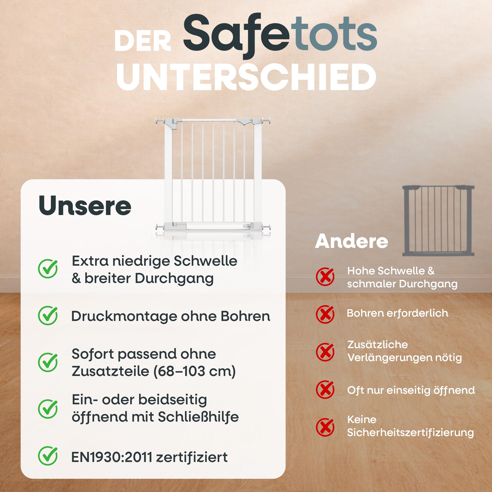 Safetots SafeStep Treppenschutzgitter ohne Bohren Weiß – Maximale Sicherheit für Babys & Haustiere – Visuelle Schließkontrolle – Beidseitig öffnend – Komfortables Tür- & Treppengitter 68cm - 75cm