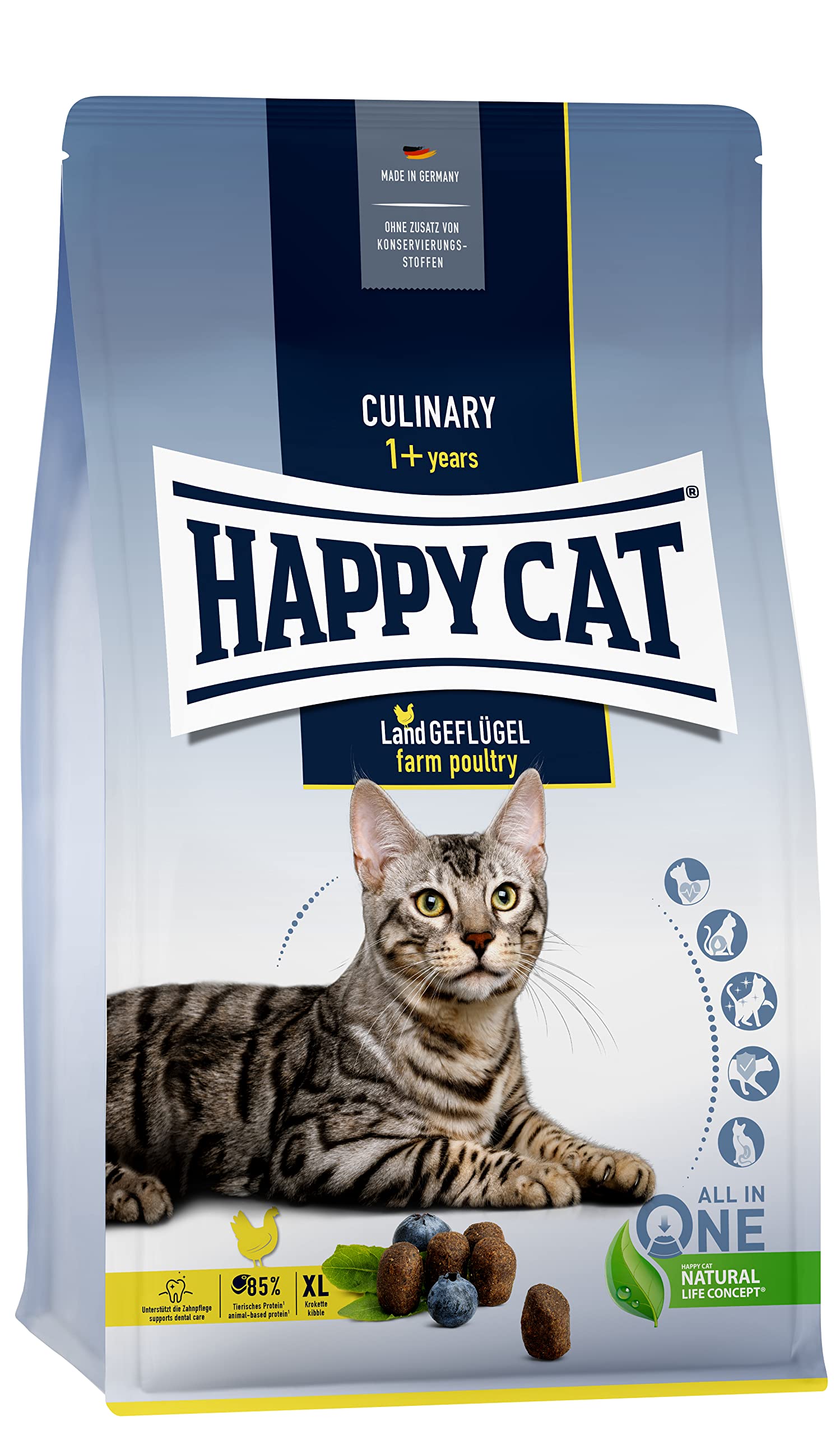 Happy Cat[1.3 kg] Super Premium Culinary Farm Poultry with blueberries and flavorsome dandelions promotes dental care with extra-large kibbles, helps support the joints for adult choosy cats