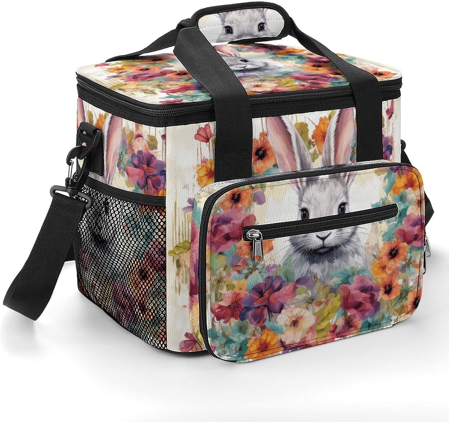 Camping Ice Pack, Watercolor Rabbit and Flowers Print Cooler Bag, 22.5L Large Capacity Insulated Lunch Tote Bag for Outdoor, Picnic, BBQ, Travel, Work