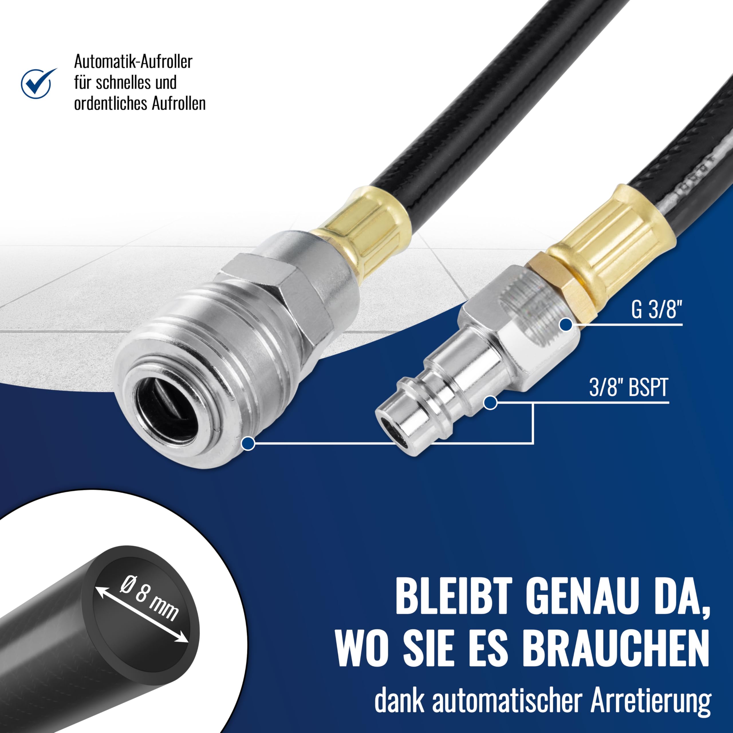 Poppstar Druckluftschlauchtrommel (Schlauch: 10m + 1m, Innendurchmesser 5/16"(8x12mm), 3/8"BSPT), Schlauchtrommel mit Automatik Aufroller für Druckluft Schlauch Grau