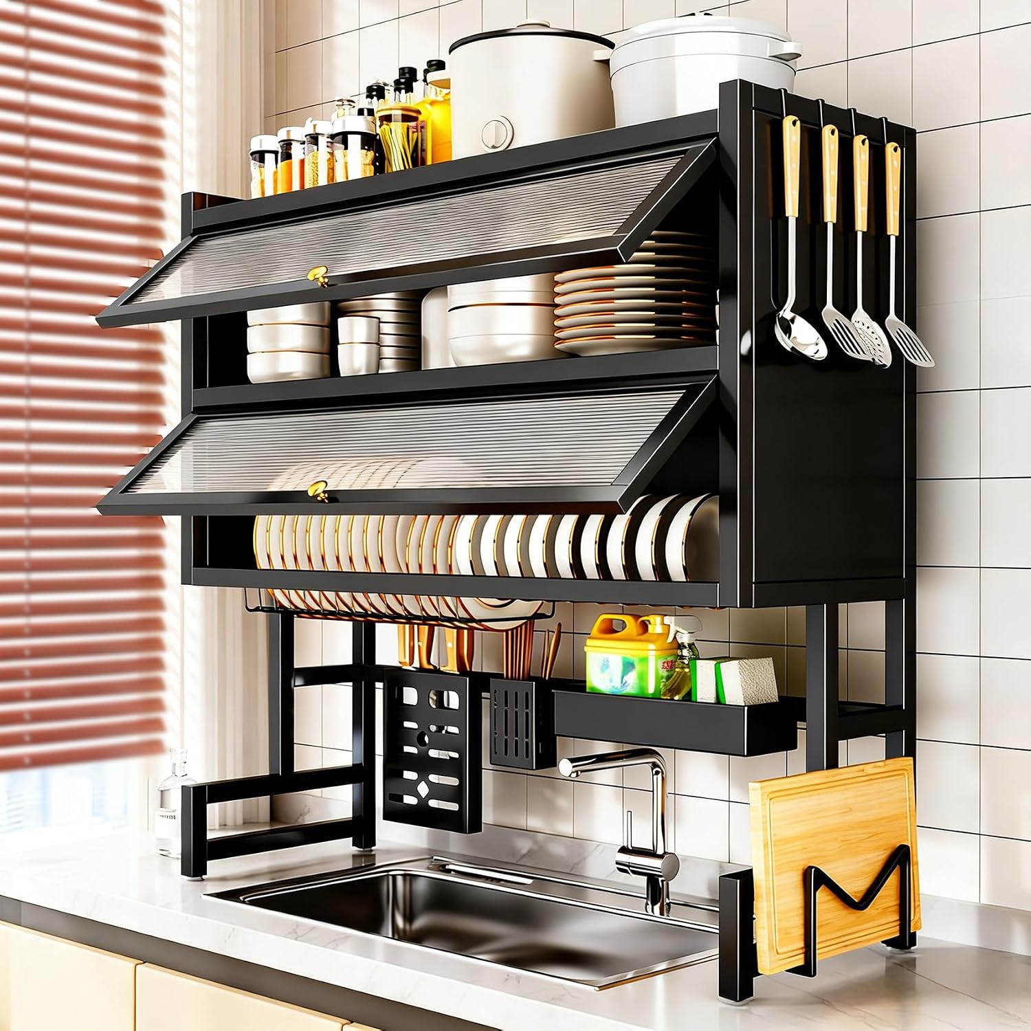 Over Sink Dish Drying Rack with Flip-top Door, Large 3-Tier Stainless Steel with Cover & Knife Holder, Space-Saving, Organizer for Dishes, Glasses, Bowls, Cutlery (Black, 26"L x 11"W x 41"H)