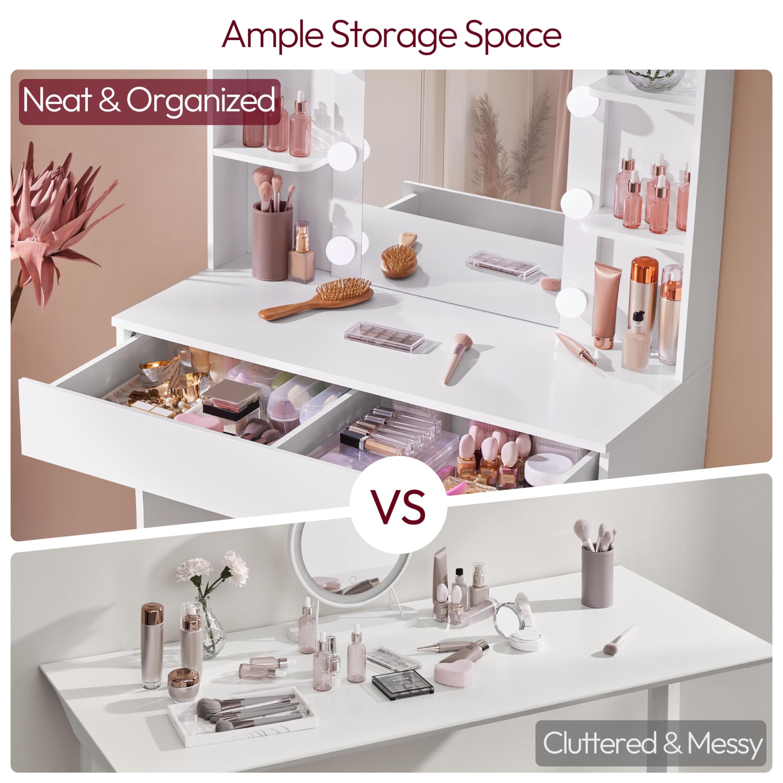 Abician Coiffeuse avec Miroir 10 LED 3 Couleurs Luminosité Réglable Table de Maquillage Deux Grands Tiroirs Six Étagères de Rangement Style Moderne Blanc