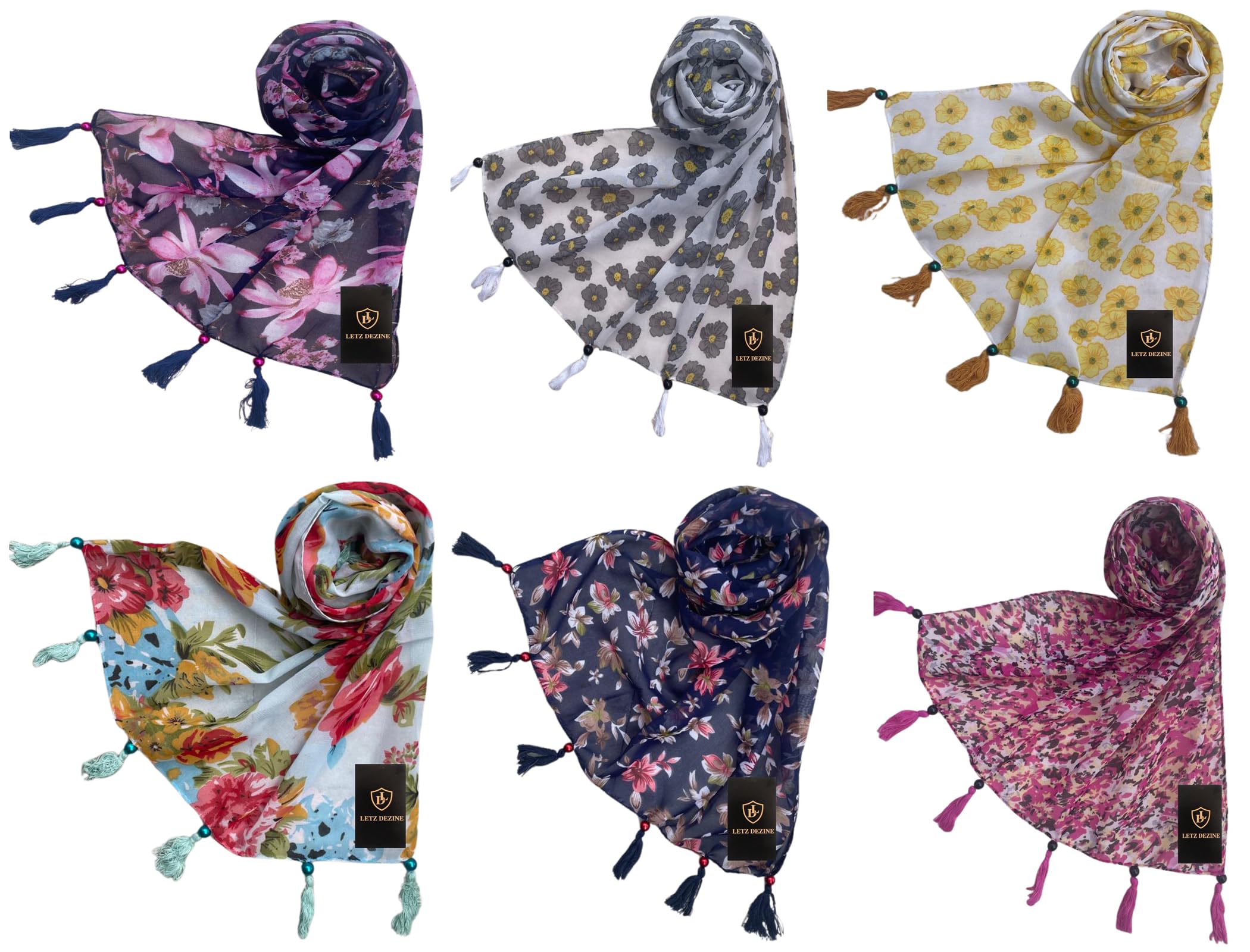 letz dezine ™ Women's Printed Chiffon Multicolored Scarf and Stoles with Pearl Tassels - Set of 6 (LDS11669) (Multicolor3)-picture-47