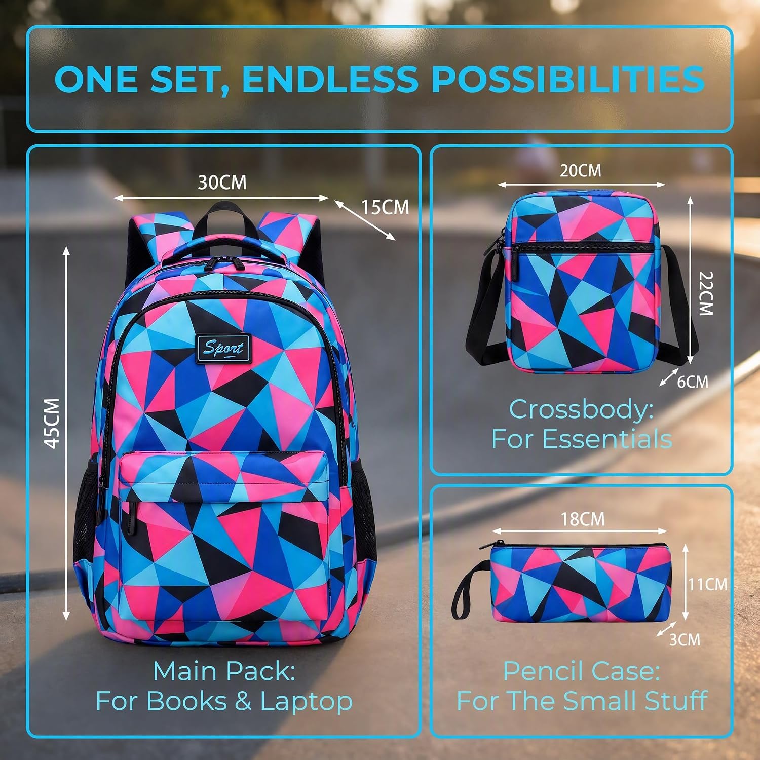3 Pcs Geometric Print Backpack Set, 20 L Water Resistant Laptop Daypack With Crossbody Bag And Storage Pouch, Lightweight Casual Rucksack For Adult Commute Travel Outdoor Business (Rose Red)