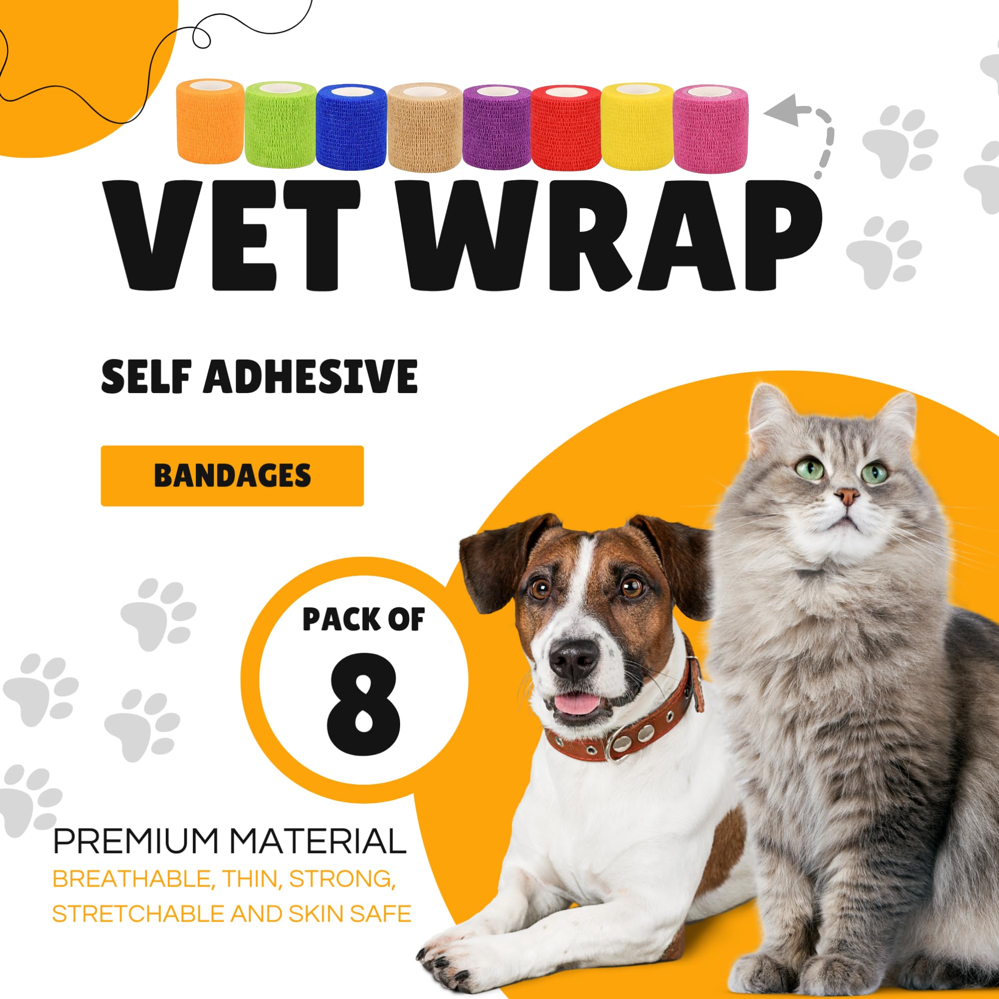 Vet Wrap Self Adhesive Bandage | Breathable, Stretchable, Non Woven | Size 5cm x 4.5m | Cohesive Tape for First Aid to Dogs, Horses, Cats, Sports (8) — view 2