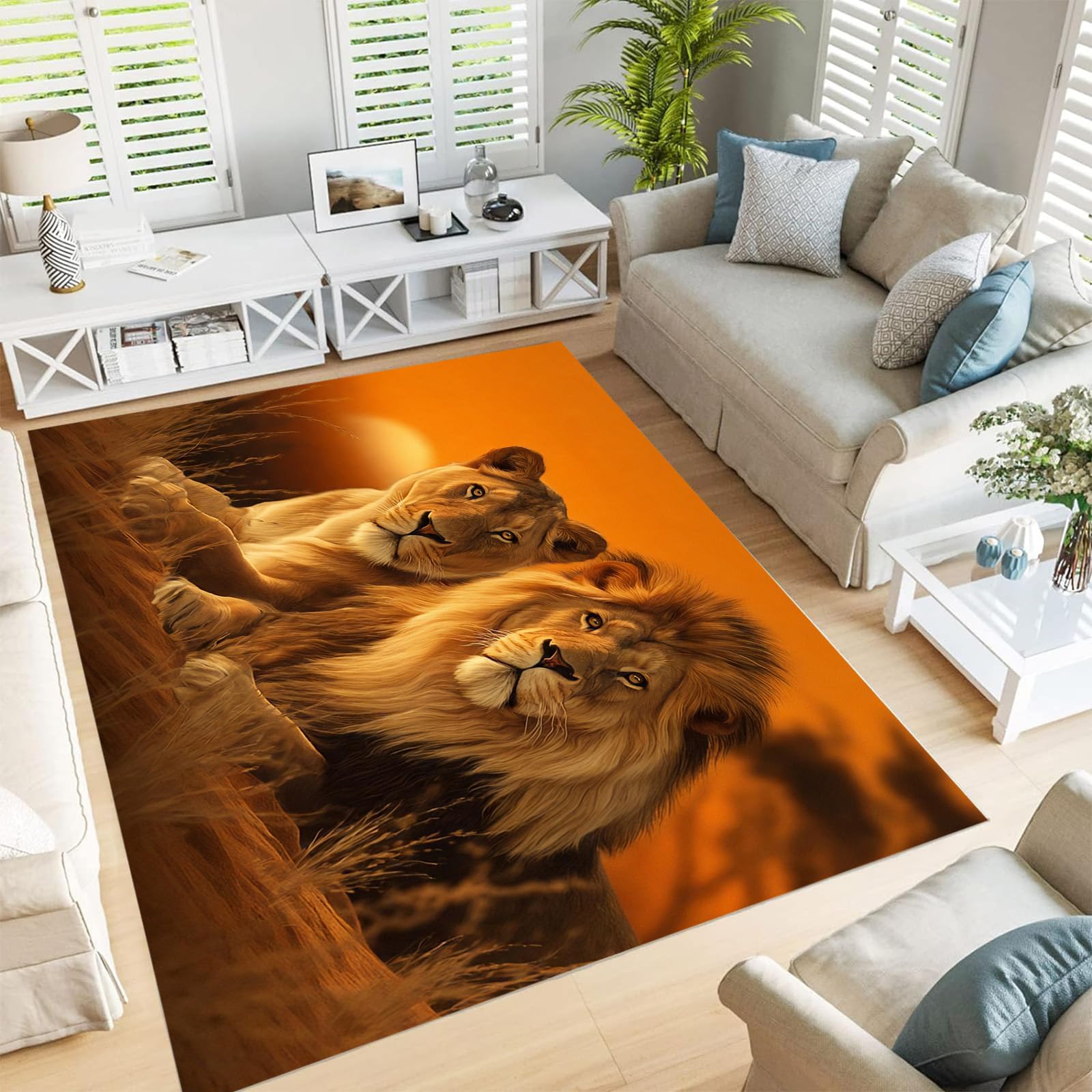 Grand tapis de luxe lion imprimé 200x300cm au style réaliste moderne