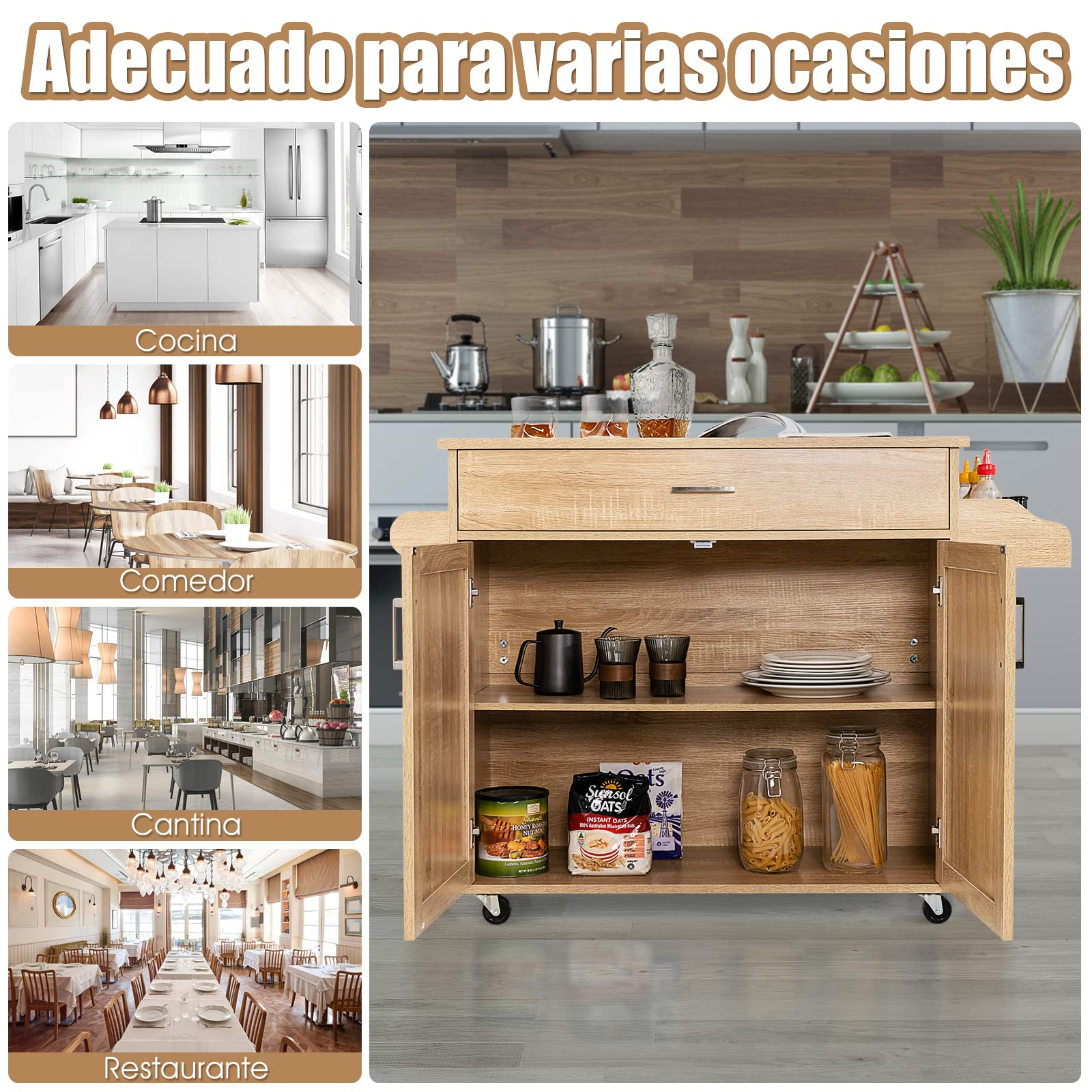 COSTWAY Carrito de Cocina Carro de Servicio Comedor con Ruedas,Toallero,Cajón, Puerta y Estantes Gabinete Mueble de Cocina (Natural)