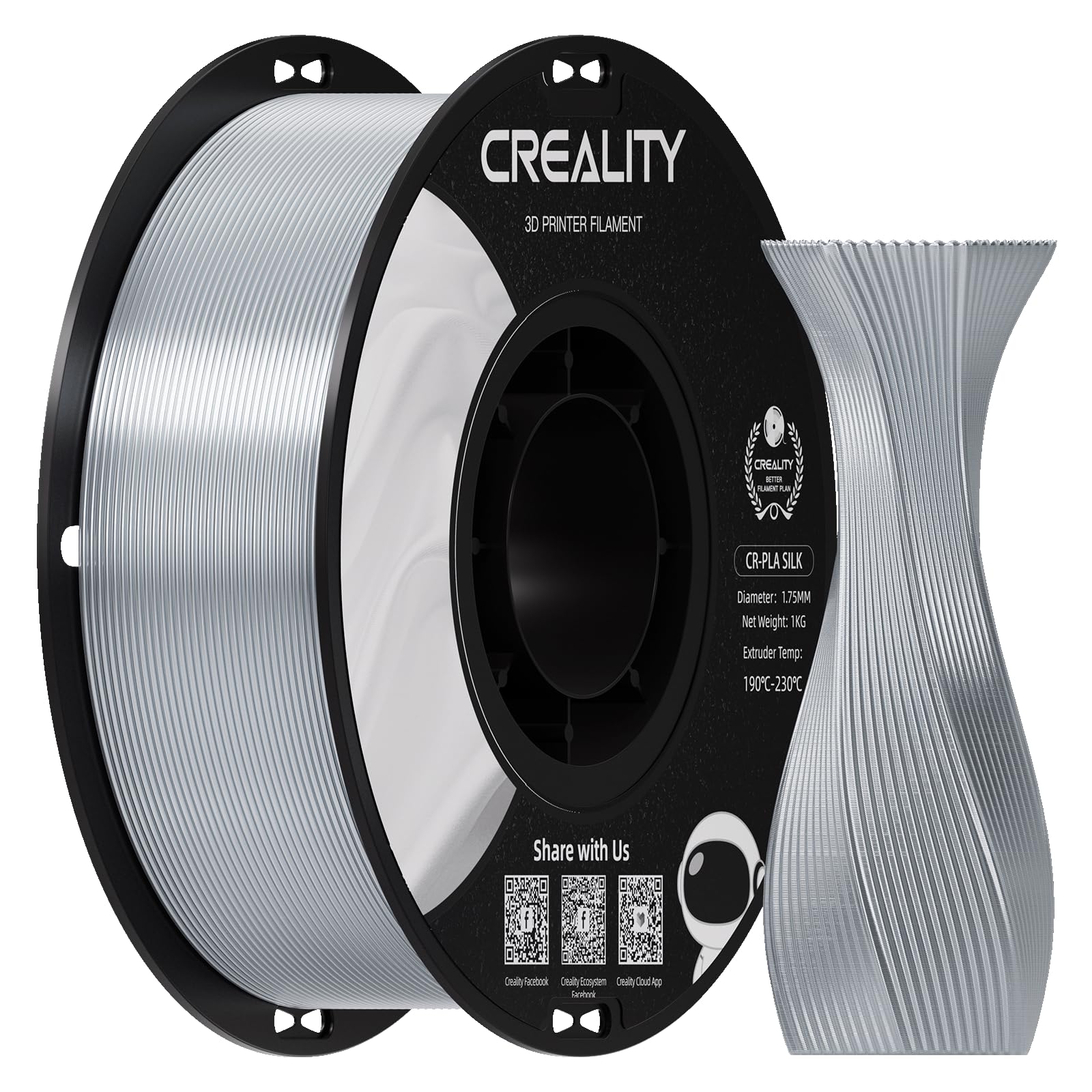 Creality Silk PLA 3D Printer Filament, Metallic Silver PLA Filament 1.75mm, High Glossy and Smooth Silk Texture, Metal Filament +/-0.02mm Precision,