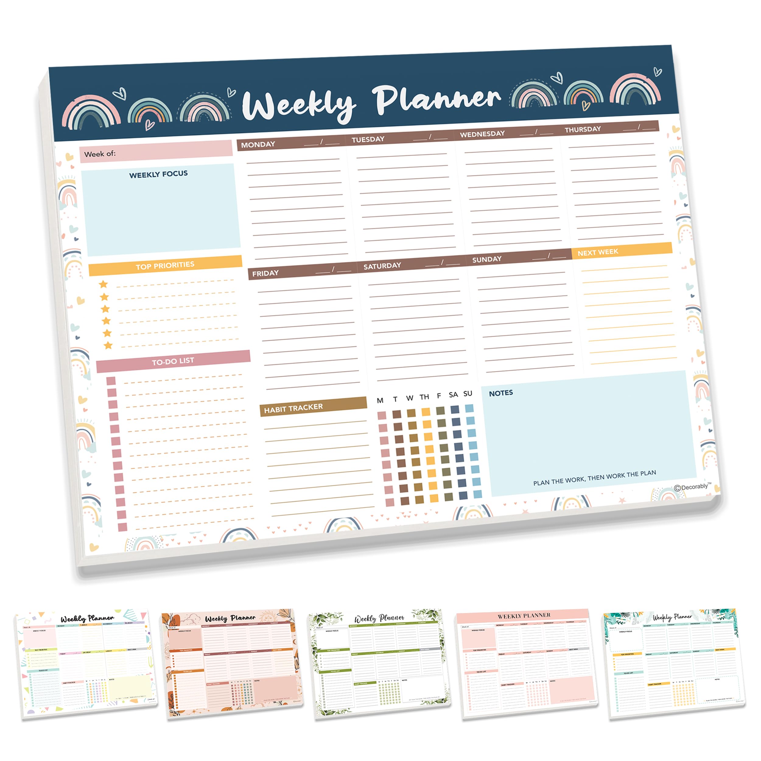 Decorably 52 Sheets Boho Rainbow Undated Weekly Planner Notepad, 11x8.5in Easy Tear-Off Weekly To Do List Notepad for Focus, Priorities, To-Do List, Habit Tracker, Agenda, Notes