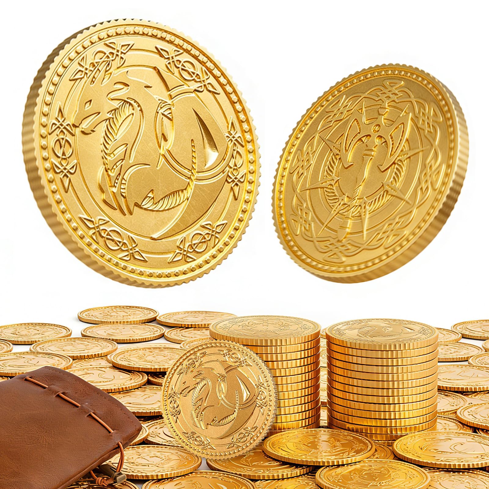 Dragon Yue DND pièces en métal dorées lot de 100 avec pochette en cuir, ensemble de trésor pour donjons et dragons accessoires RPG