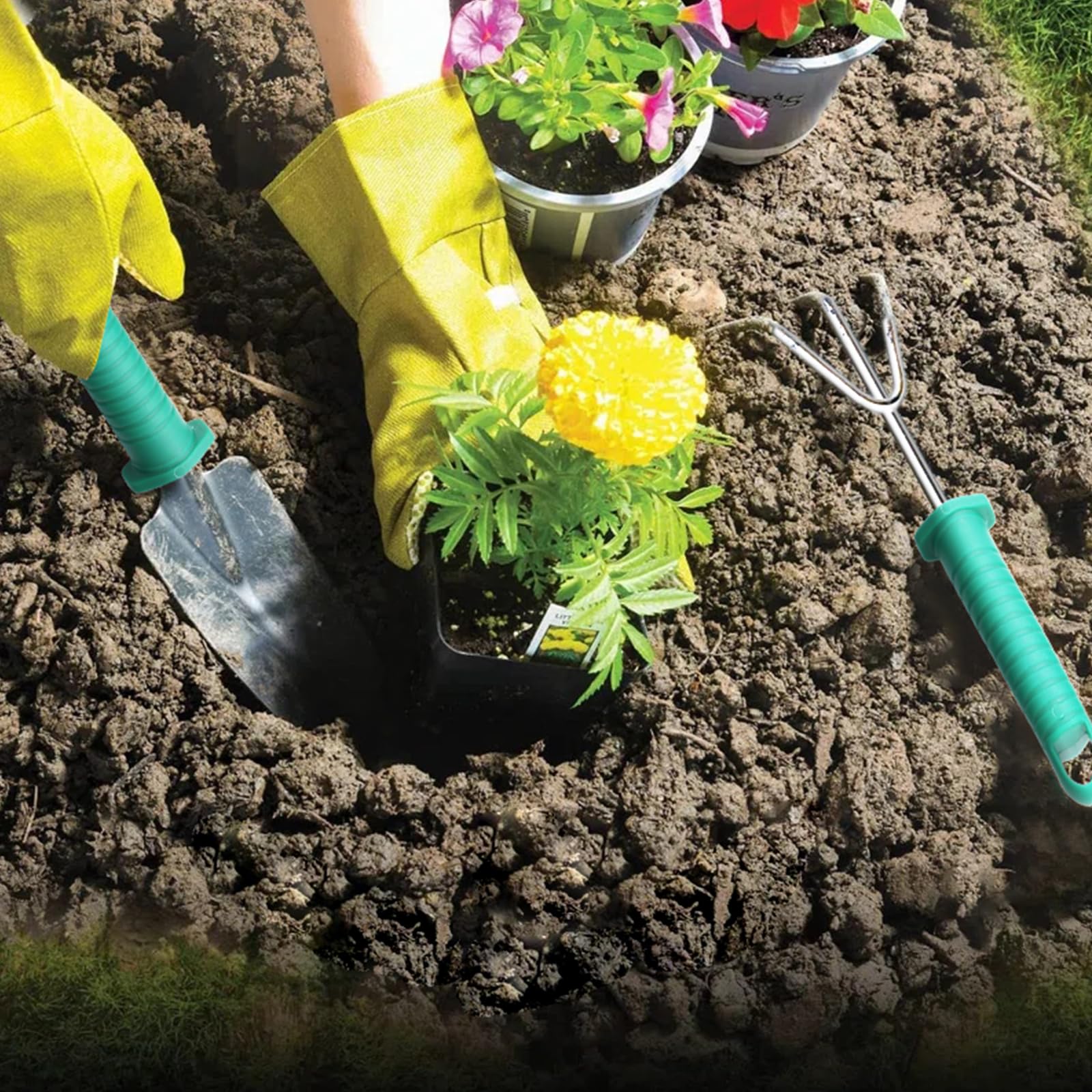 Kit de Jardinage, 10 Pièces en Acier Inoxydable Outils de Jardinage avec Boîte de Rangement，Truelle, Râteau, et Pulvérisateur(Vert)