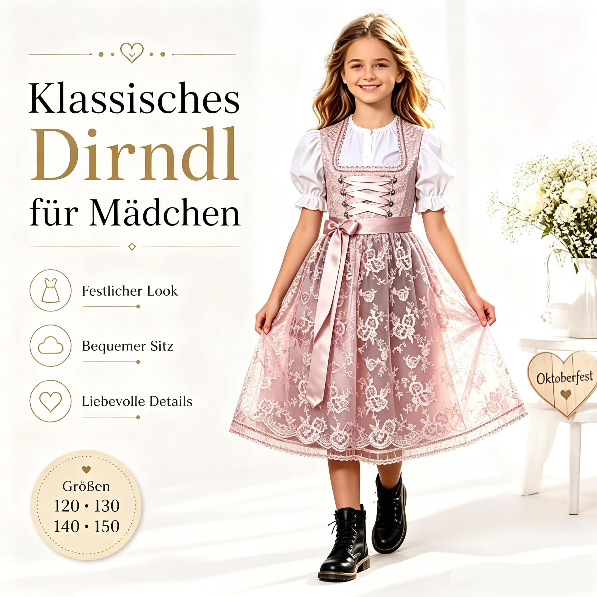 Dirndl Mädchen Trachtenkleid 2 Teilig Kinderdirndl Midi Trachtenkleid Knielang Dirndlkleid Elegante Dirndelkleider und Dirndlschürzen für Oktoberfest Outfit Hochzeit Kostüm Kinder Bayerisches Bierfest