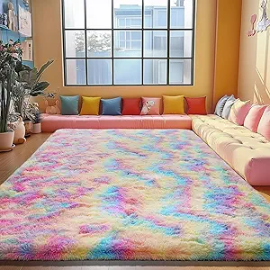 Rainbow Area Rugs for Girls Bedroom, 5x8 Fluffy Fuzzy Shaggy Carpet for Kids Playroom Nursery Living Room, Thick Soft Plush Mat for Kids Baby Boys Teen Dorm Home Decor Aesthetic