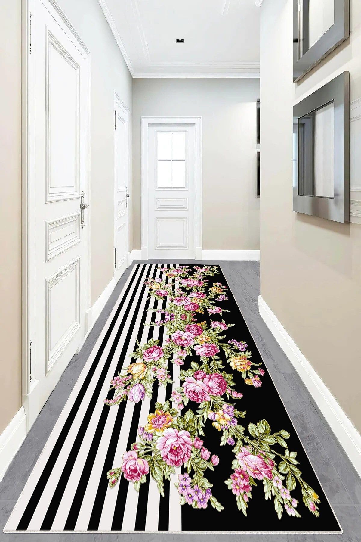 Pelangi Çiçek Desenli Renk Geçişli Dijital Baskı Yıkanabilir Kaymaz Taban Vintage Salon Halısı ve Yolluk, Siyah-Beyaz 60 x 120, 9554977601207