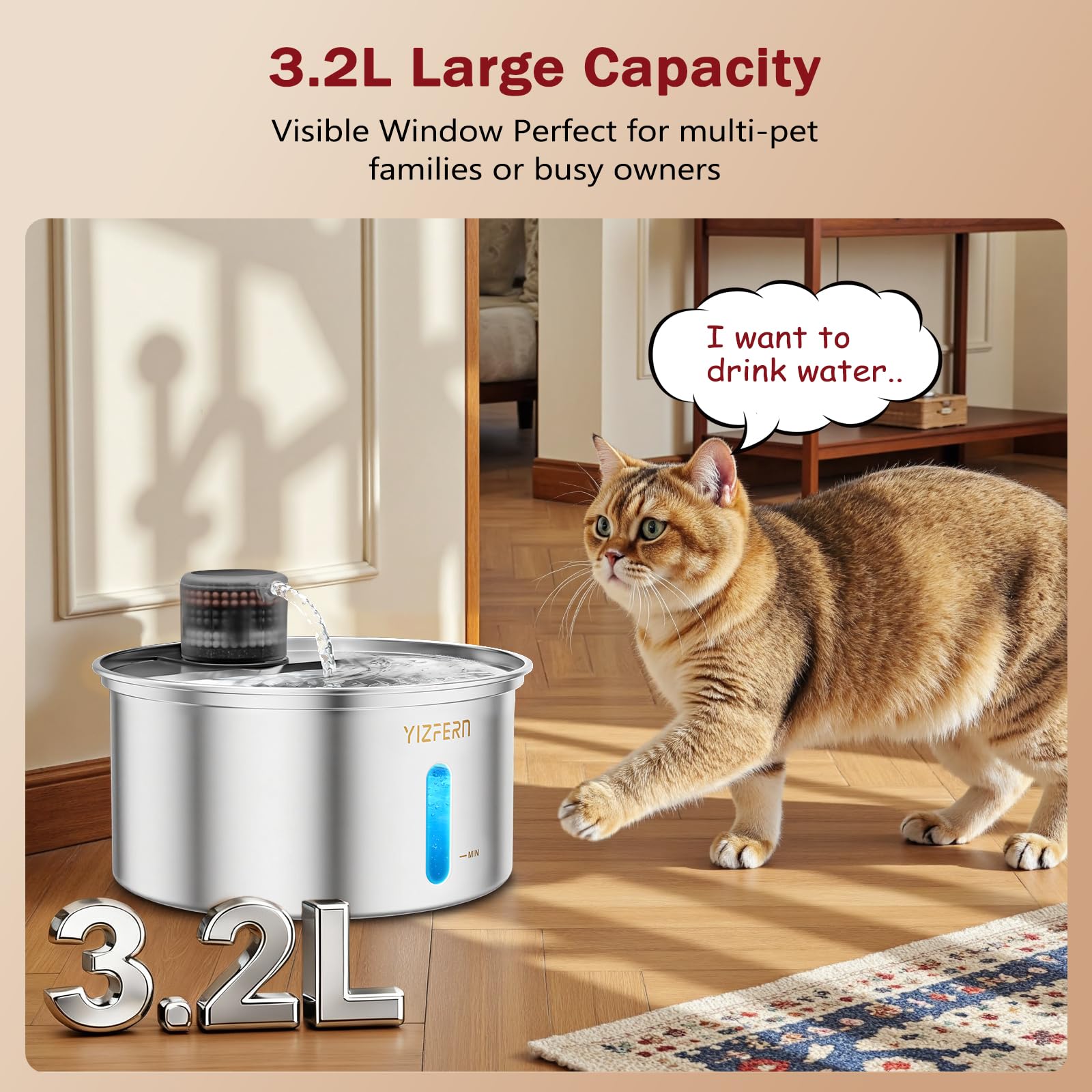 Cat Water Fountain Stainless Steel 108oz/3.2L Upgrade Dual-Filtration Pet Water Fountain for Cats Indoor, Ultra Quiet Dog Water Bowls Dispenser for Drinking, Automatic Cat Watering Supplies (White) - image 2