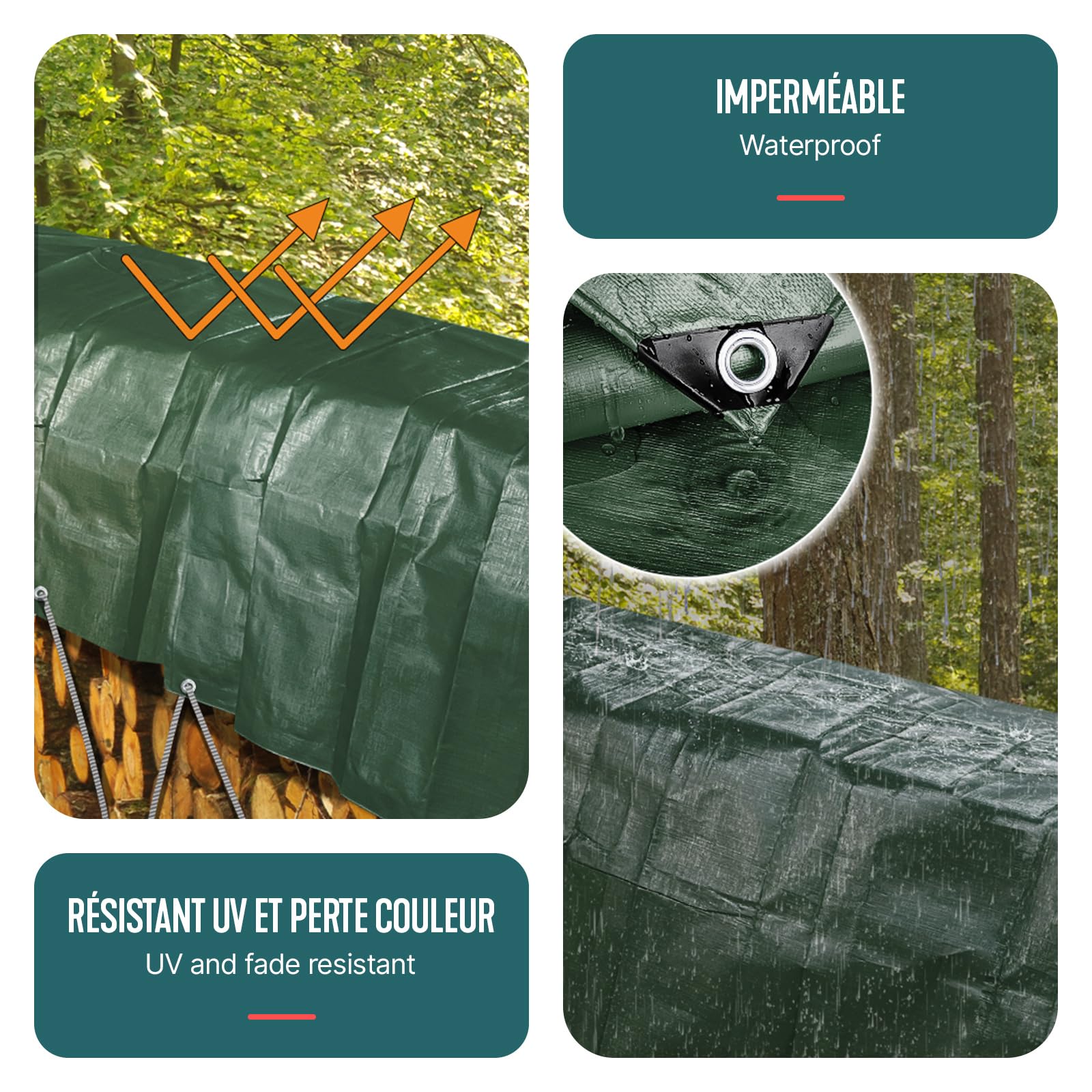 VOUNOT Afdekzeil, van polyethyleen, 240 g/m², waterdicht, extra zwaar en robuust, aan beide zijden gecoat, met aluminium ogen, zwembadzeil, groen en zilver, 4 x 8 m