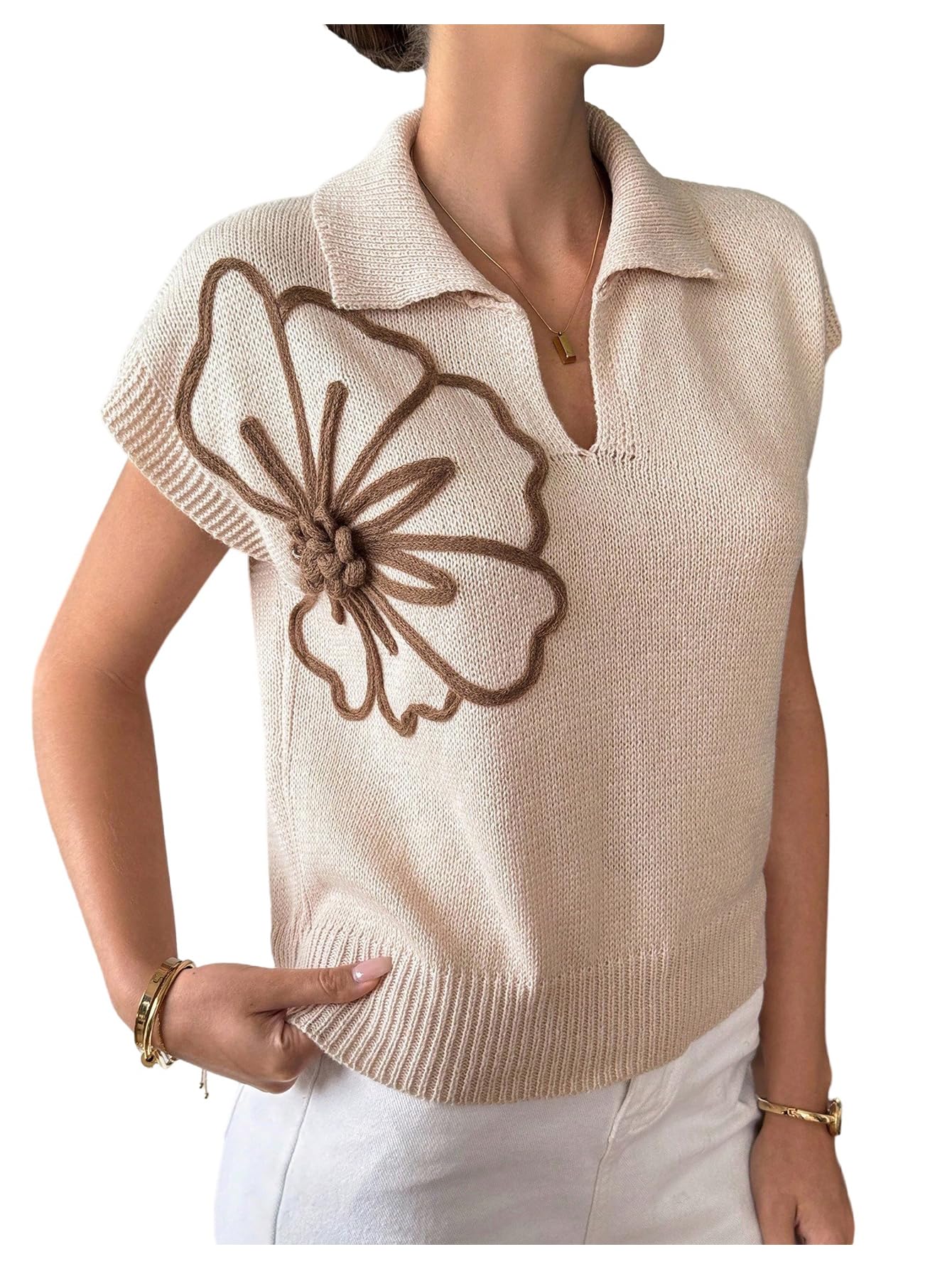 MakeMeChic Womens Fall Boho Floral Pullover Sweater Cap Sleeve Collar V Neck Knit Tops