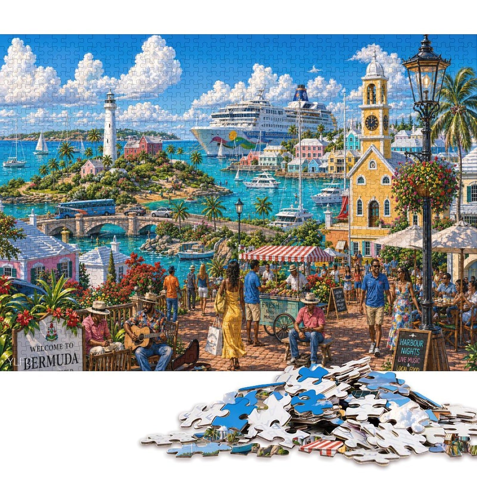 Bermuda Harbor 1000 Piece Wooden Jigsaw Puzzle,Wood,Impossible Challenge,Adults & Kids 14+ Cruise Ship,Home Wall Decor,Gift Idea,Educational Toy,Stress Relief (75x50cm)