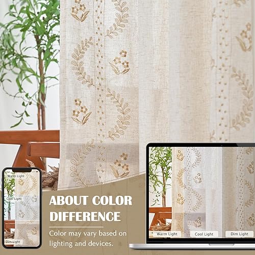 Miniatura 8 de jinchan Belrose Linen Curtains for Bedroom Floral Curtains 84 Inch Length Linen Blend Beige Embroidered Drapes Farmhouse Flower Patterned Drapes for