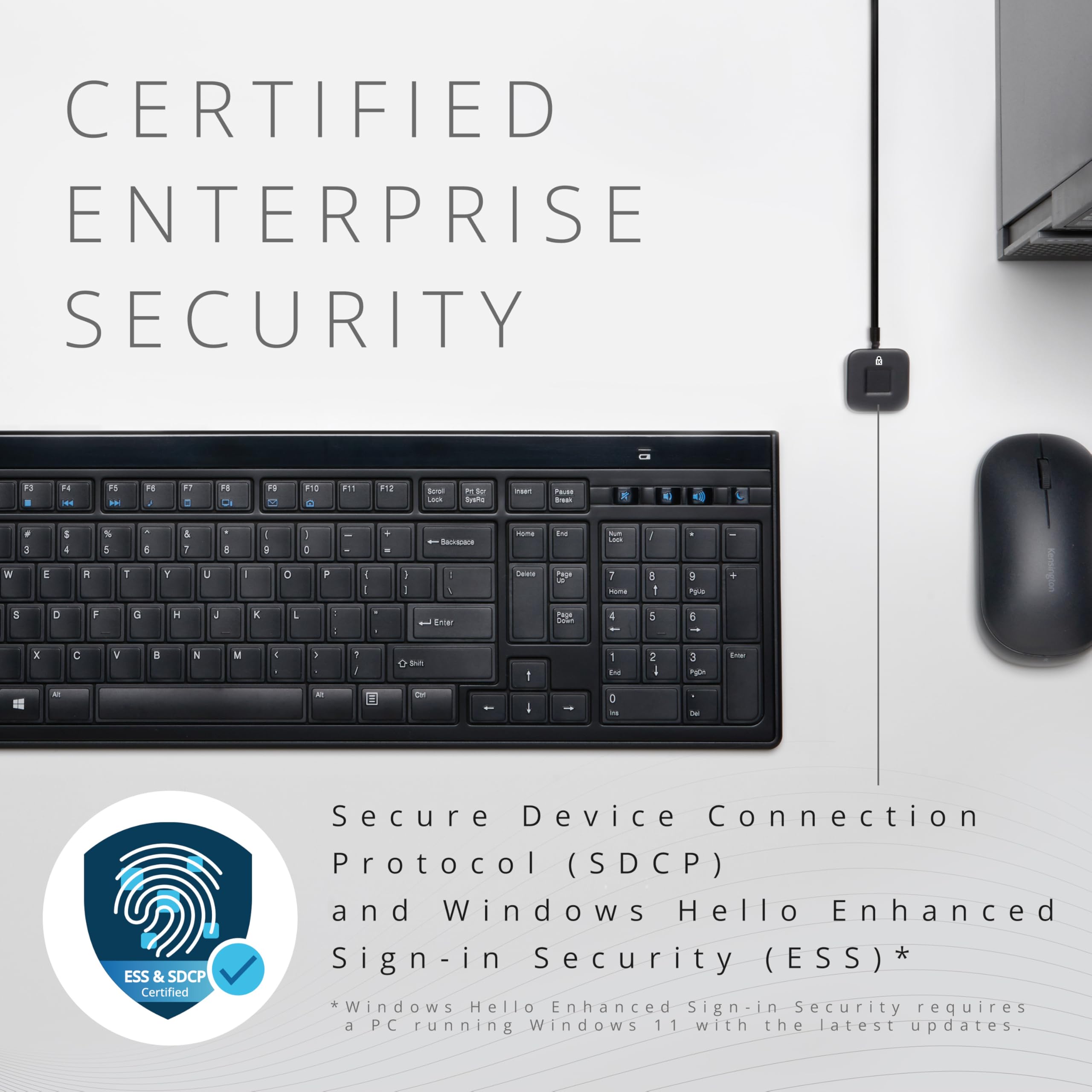Lector de Huellas Dactilares Kensington VeriMark Desktop 2.0 para Windows Hello y Windows 11, conectividad USB-C y USB-A, Llave de Seguridad sin contraseña para PC con Copilot+, Color Negro, K64741WW