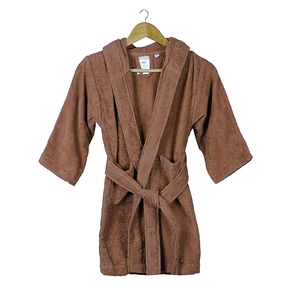 TRIDENT Curious Mind Robe, 300 GSM, Kids Bathrobe 100% Cotton Long Kimono Hooded Bathrobe, Dressing Gown, Bathrobe for Girls, Boy (Brown Rust, S)