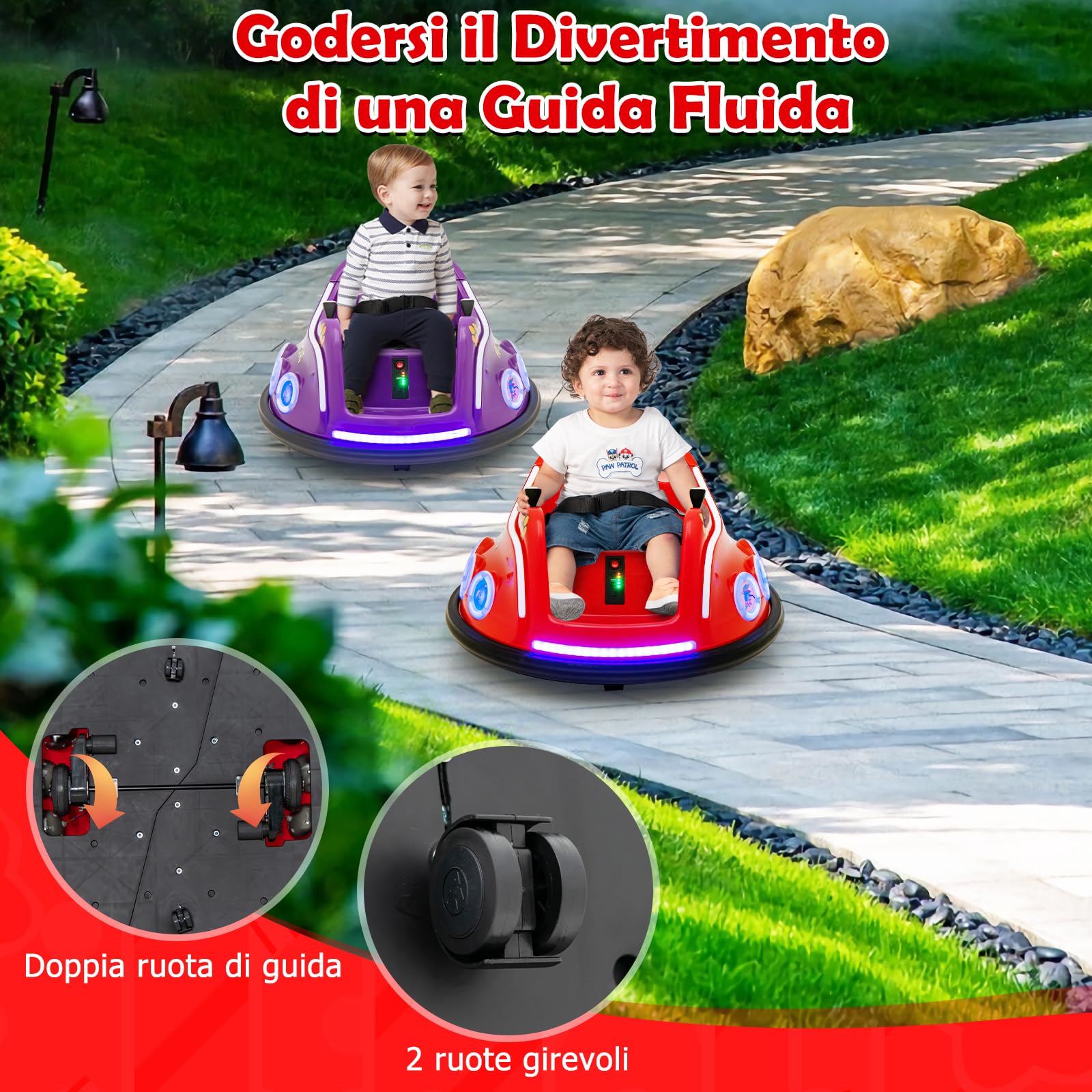 RELAX4LIFE Autoscontro Elettrico 12V per Bambini 3 ANNI+, con Telecomando 2,4G, Rotazione a 360 Gradi, Luci, Musica e Connessione Wireless, 73 x 73 x 43 cm (Rosso)