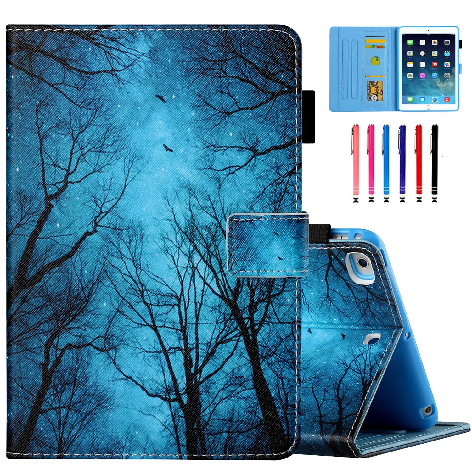MOKASEFor iPad Mini 5 Case, iPad Mini 4/3/2/1 Leather Case, Card Slot Stand Case with Intelligent Sleep/Wake for iPad Mini 5th Generation / Mini 4 / Mini 3 / Mini 2 / Mini 1 - Night Forest